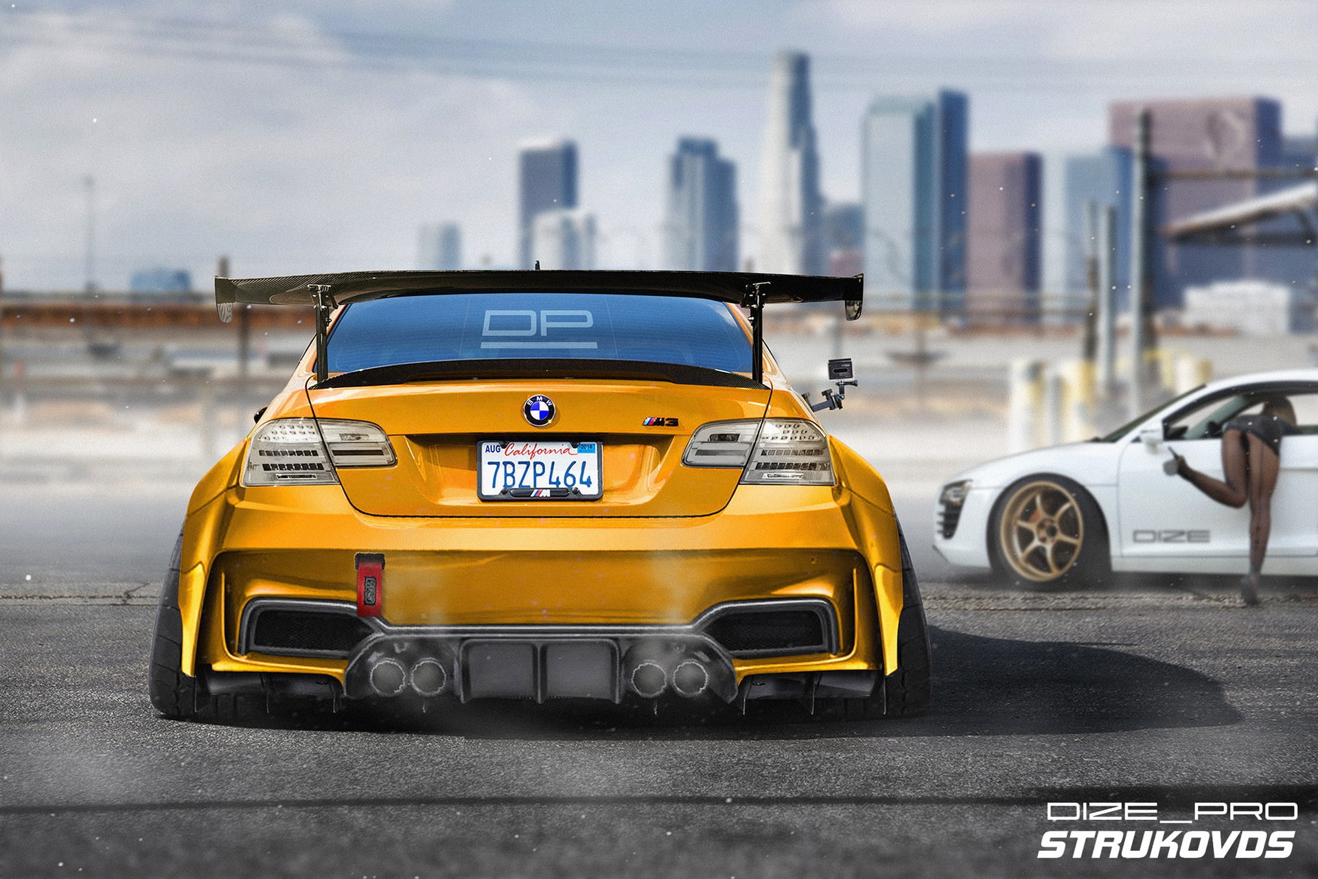 BMW M3 , no people, architecture, office building exterior, yellow, Dmitry Strukov, surface level, city street, mode of transportation, cityscape, building exterior, HD Wallpaper