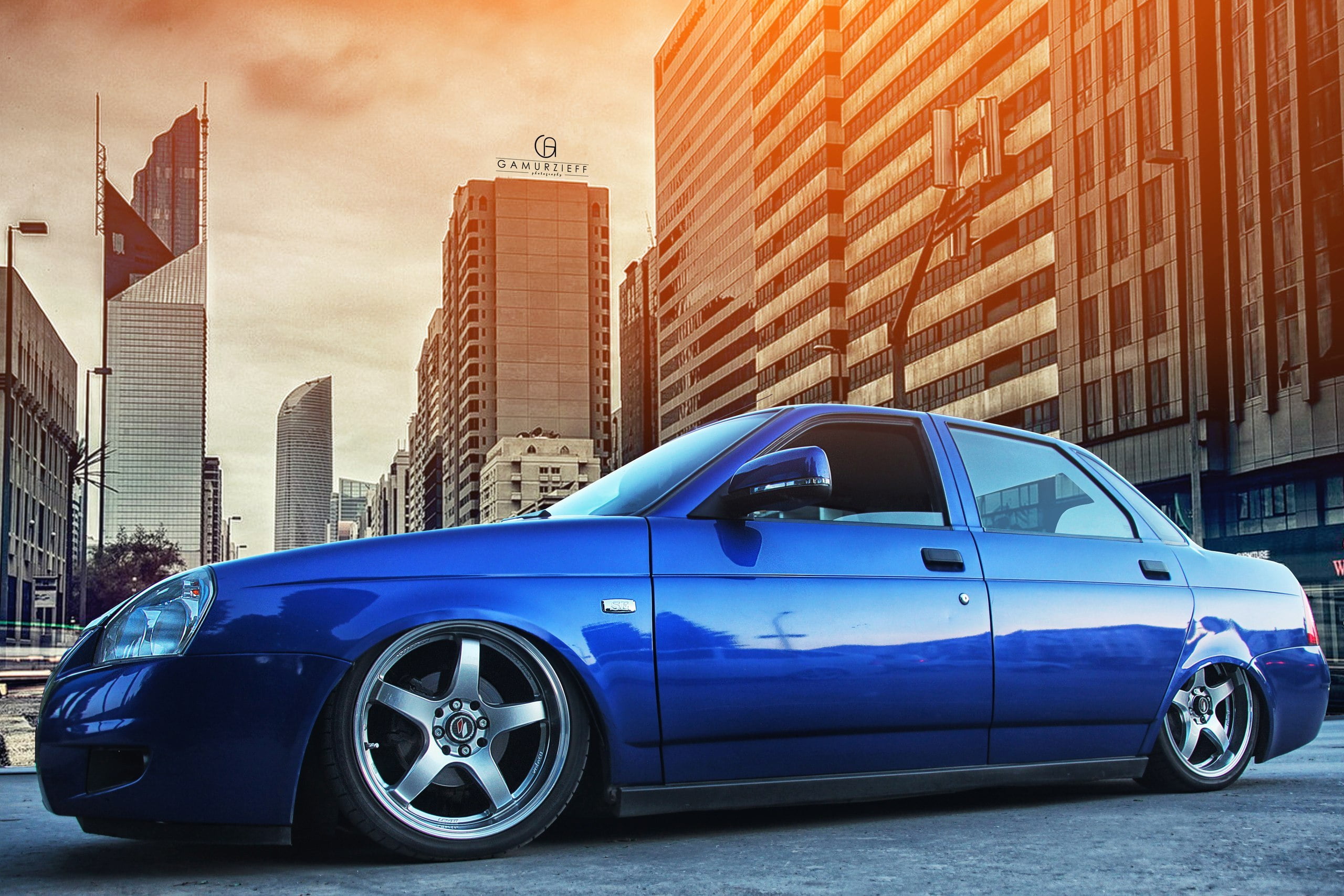 Prior, motor vehicle, city, built Structure, office building exterior, sedan, car, urban Scene, luxury, cityscape, red, sky, land Vehicle, stance, outdoors, HD Wallpaper