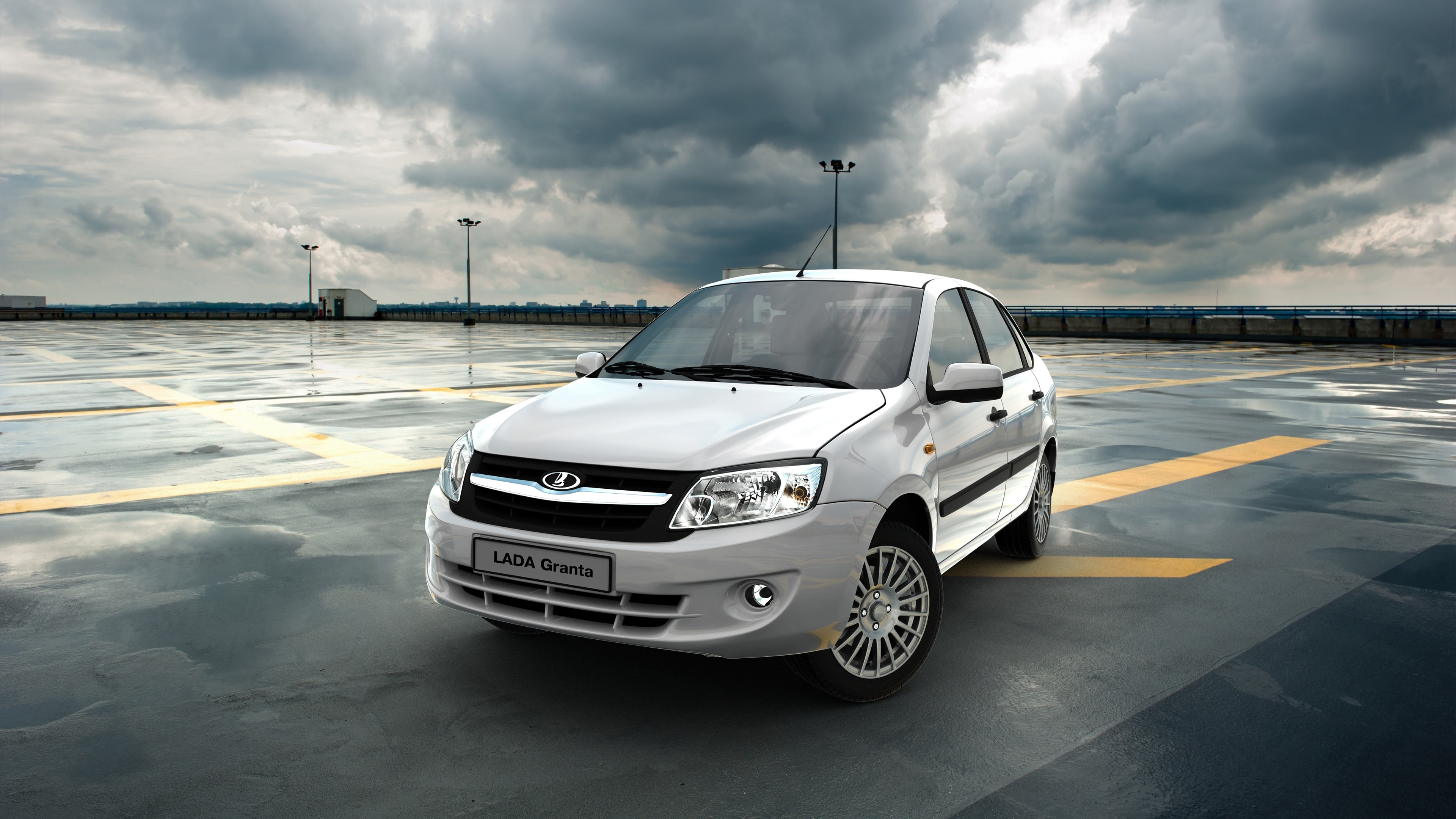 Lada, White, Granta, Car, Clouds, 4K, HD Wallpaper