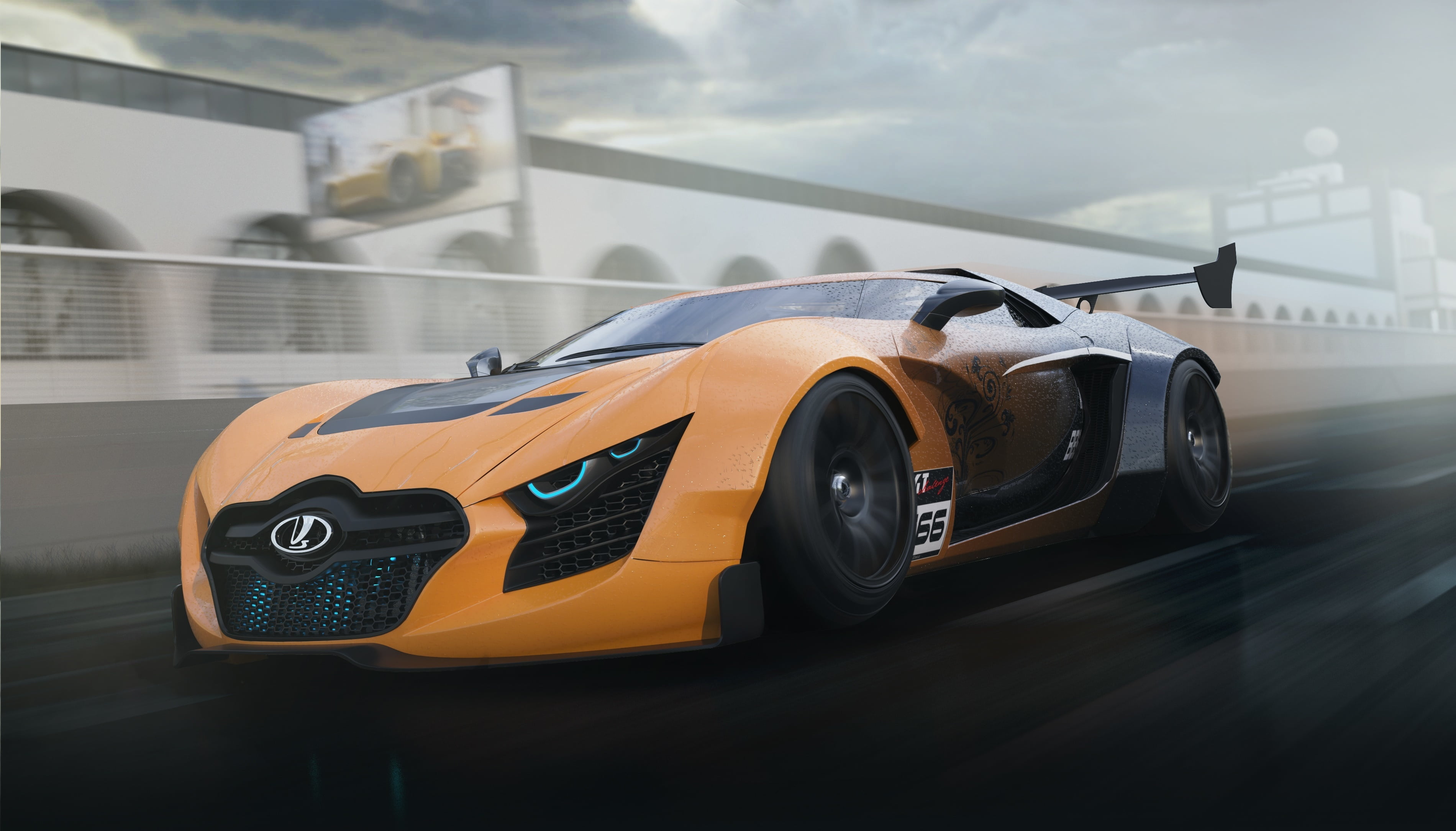 sports Venue, motor Racing Track, luxury, Car, Future, racecar, 2K, 3D Graphics, yellow, outdoors, blue, toy, motorsport, close-up, driving, engine, day, HD Wallpaper