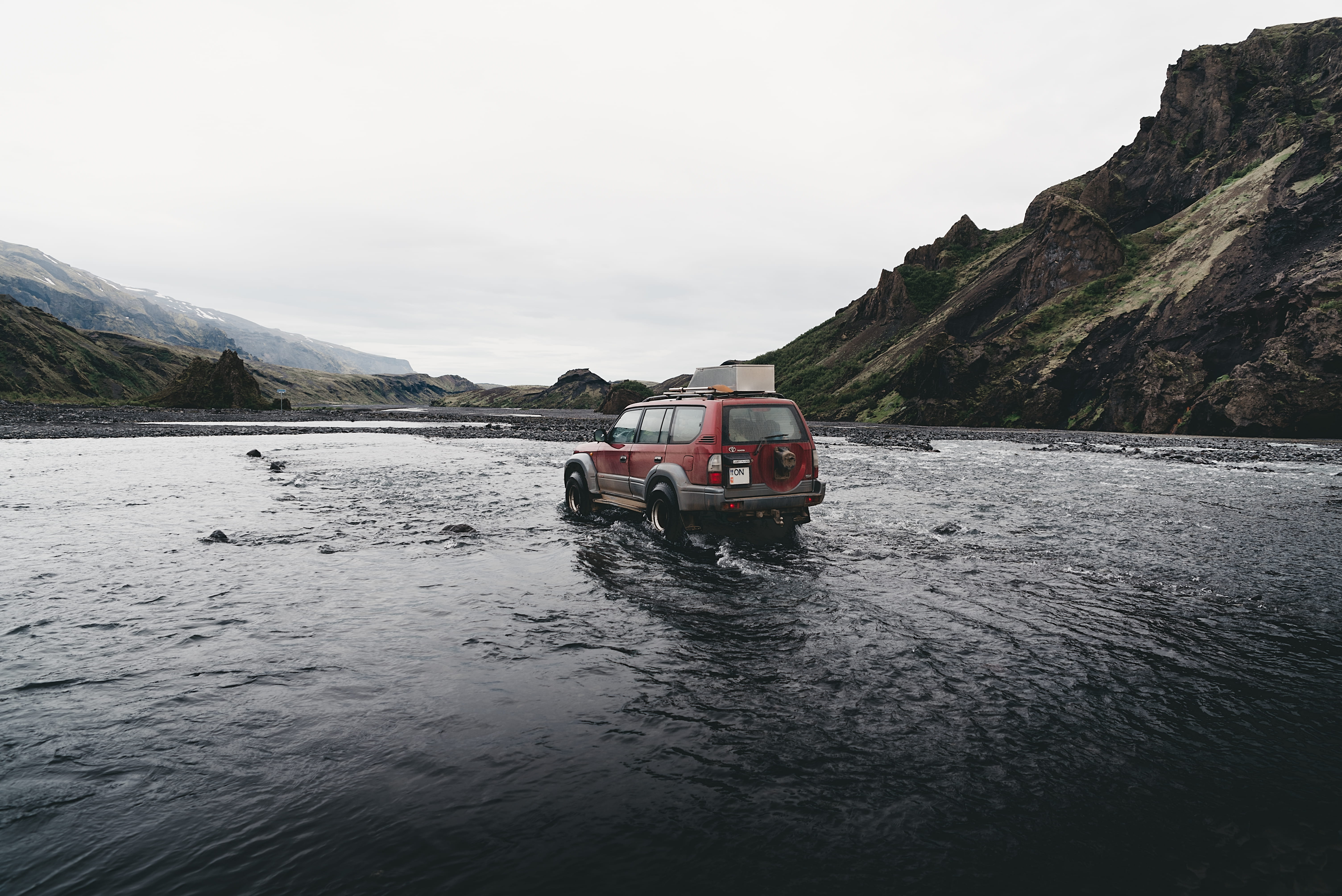 nautical vessel, car, 4x4, daytime, water, environment, river, hillside, rock, day, tranquility, rive, riverbed, near, beauty in nature, beside, nature, HD Wallpaper