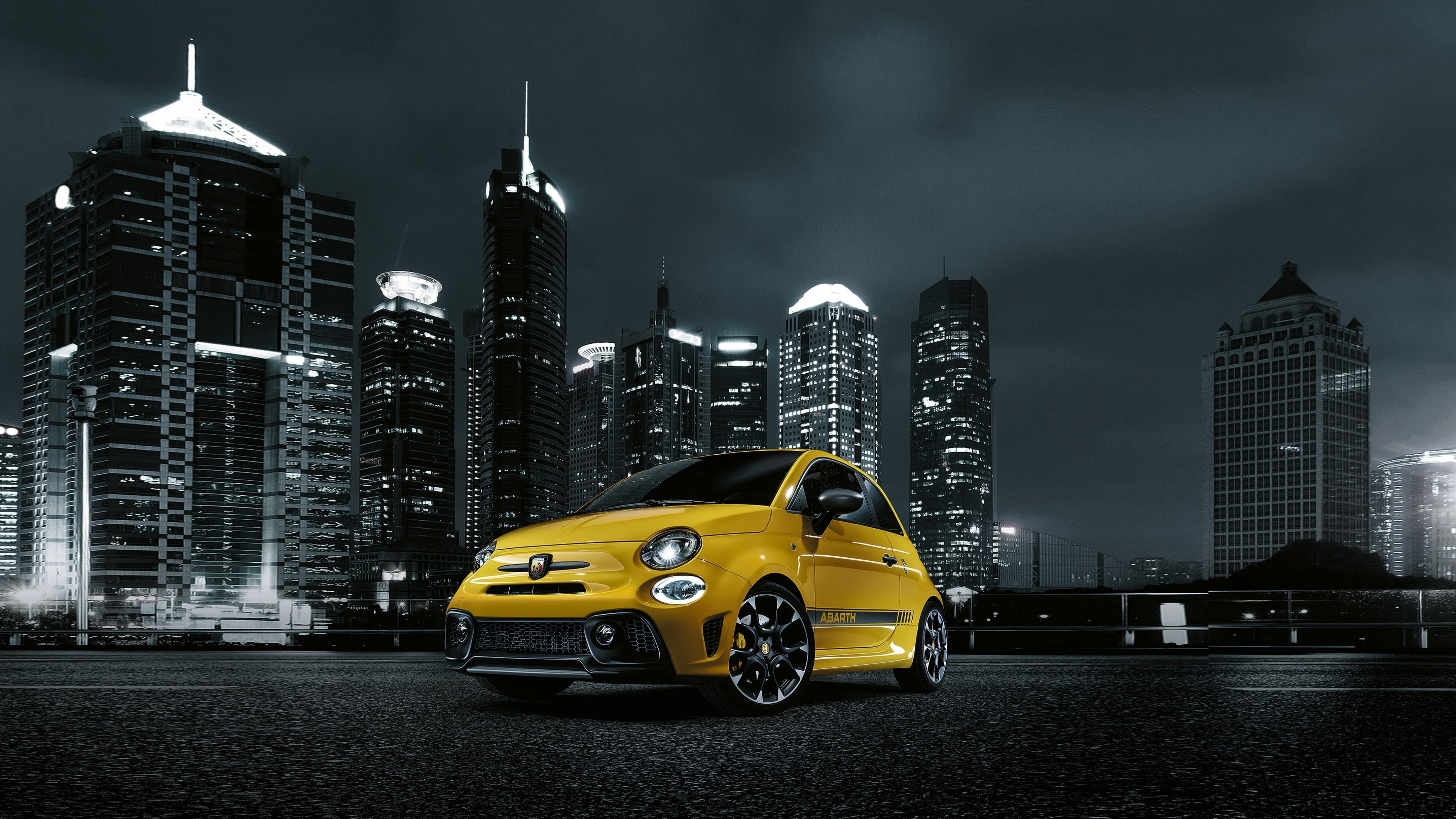 high, door, near, 4K, Fiat Abarth 595 Facelift, hatchback, rise, building, night town, yellow, fiat, HD Wallpaper