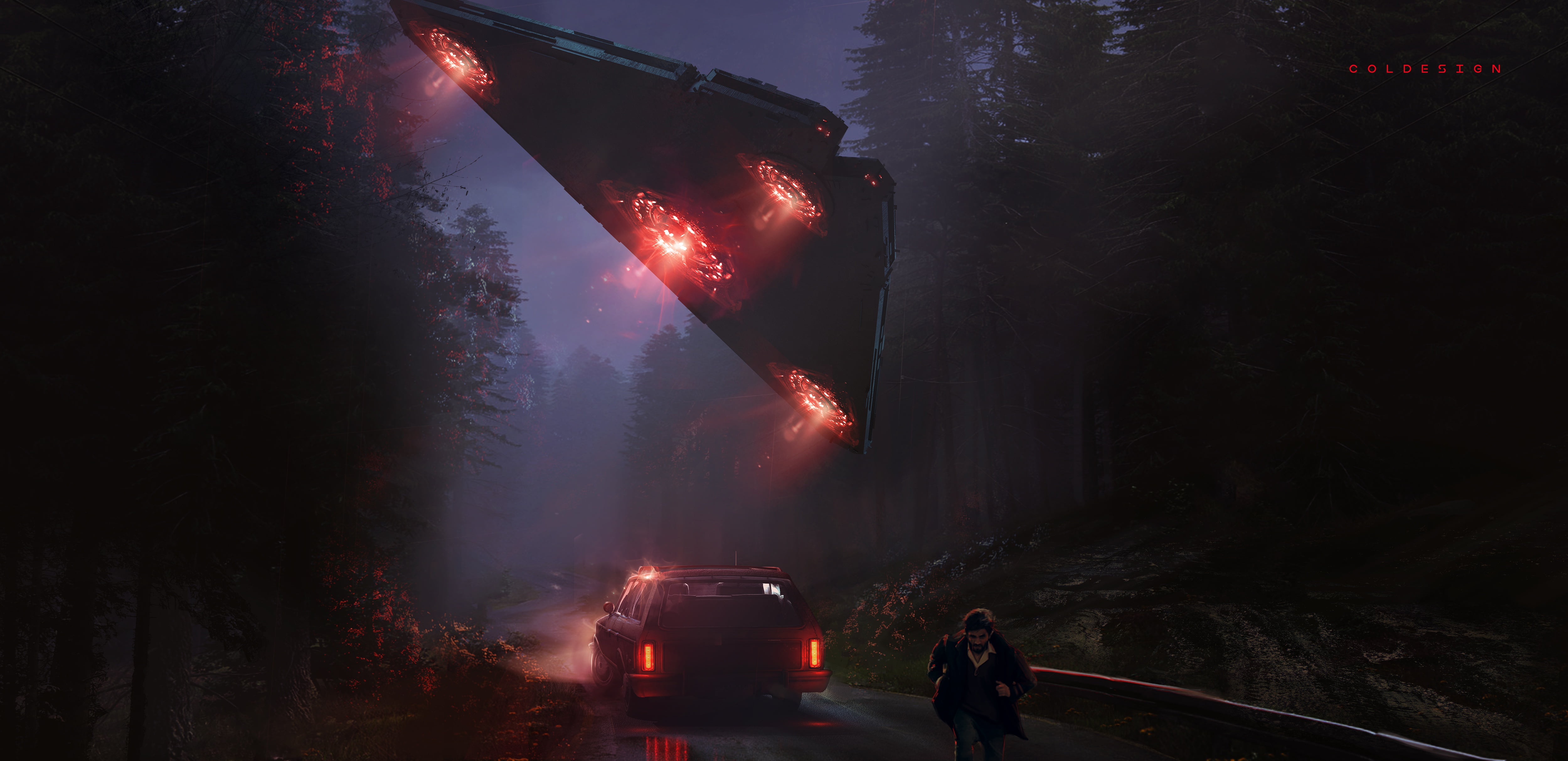 We come in peace, UFO, 4K, Machine, Spacecraft, Goldesign, Fiction, People, Auto, Art, by Col Price, Night, Car, Transport and Vehicles, Fantasy, Science Fiction, HD Wallpaper