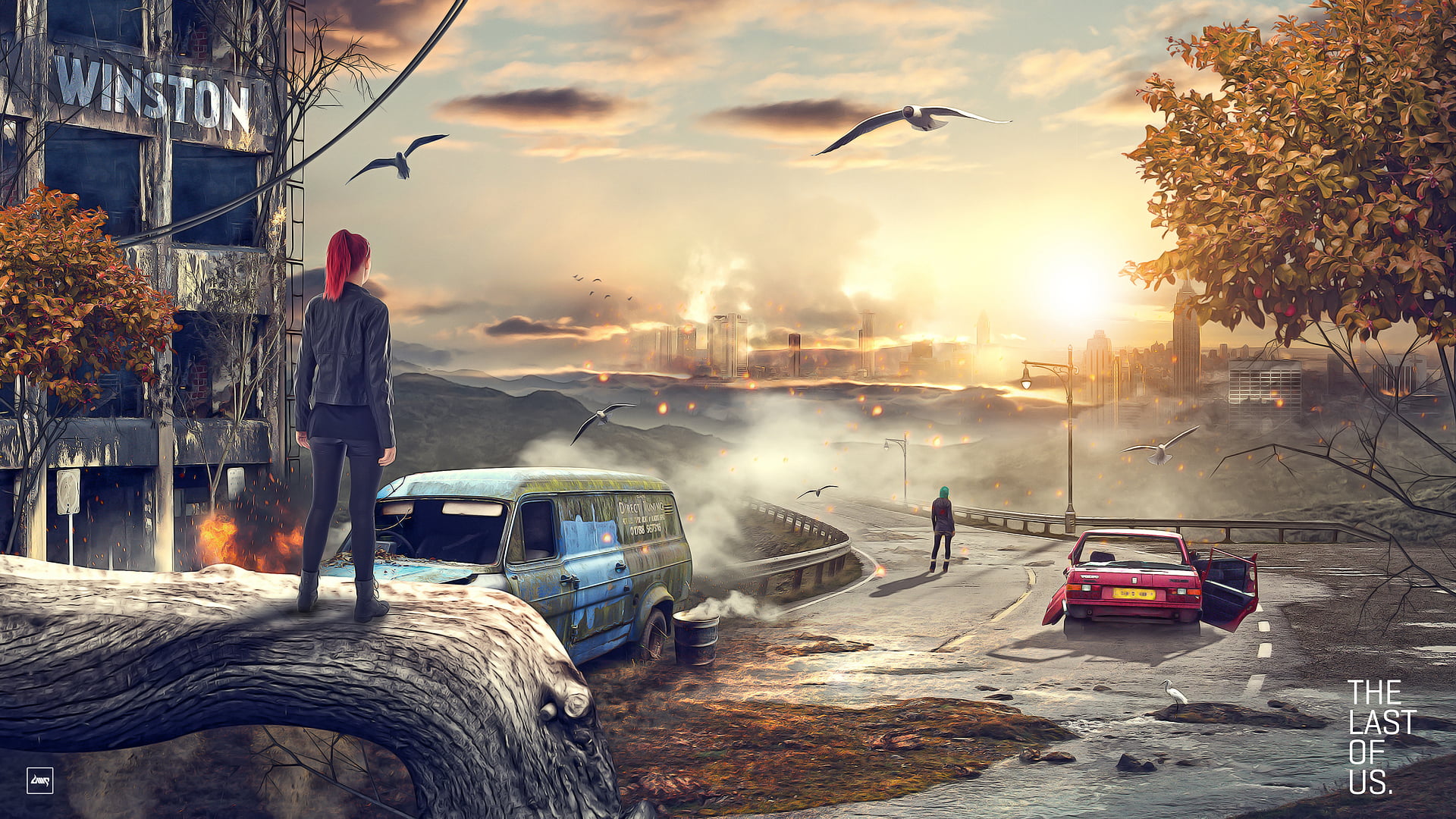 some of us, building exterior, sky, macvenzer, last, real people, art, the last of us, standing, vertebrate, car, girl, land vehicle, birds, architecture, HD Wallpaper