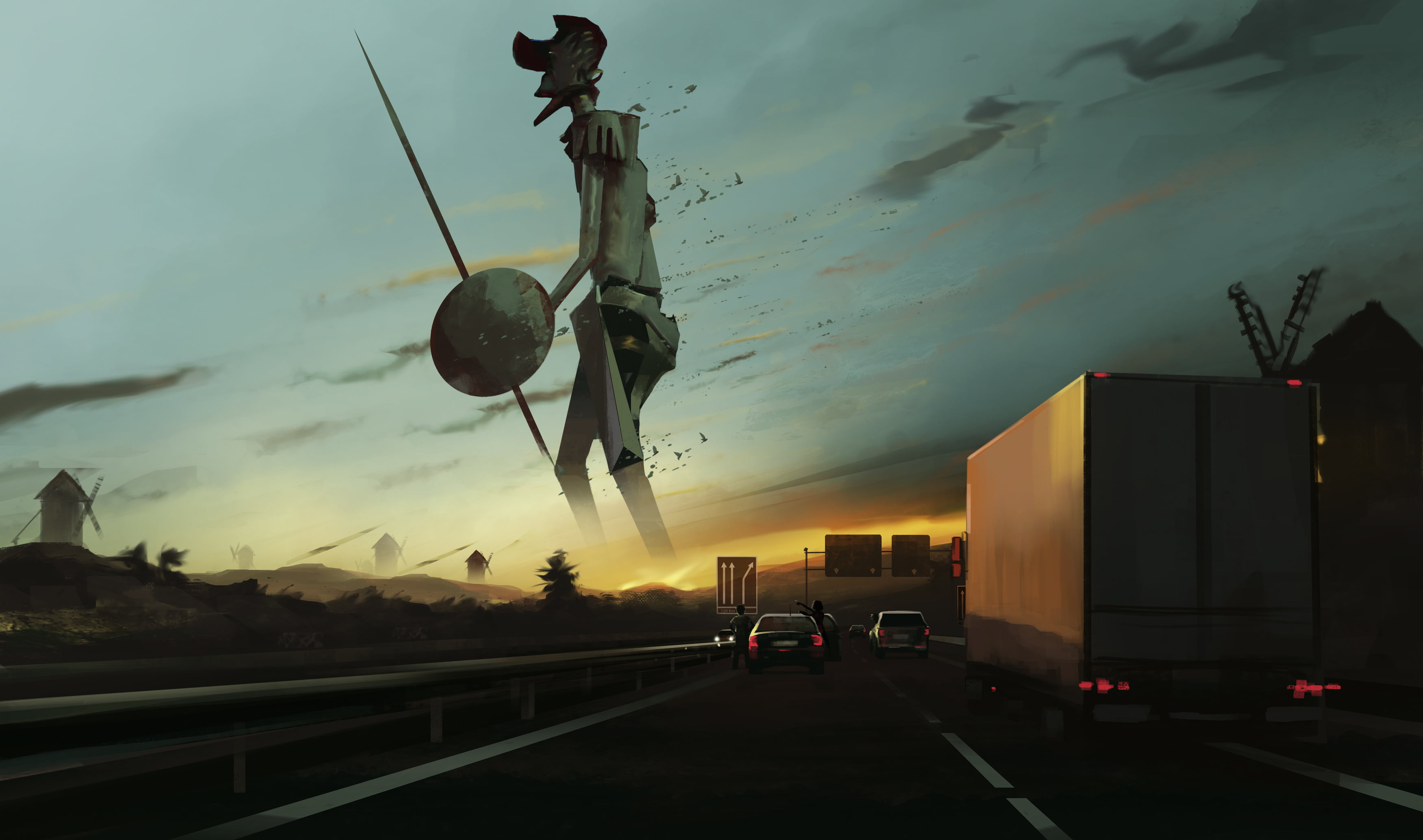 on the move, spear, machine, motion, mode of transportation, sky, mill, cloud - sky, art, shield, motor vehicle, travel, sunset, car, city, people, HD Wallpaper