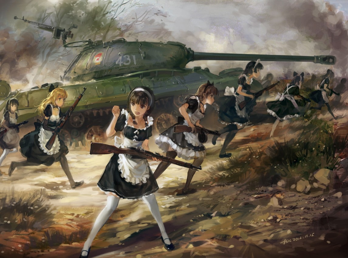 480P, tank, war, girls with guns, anime, maid outfit, Mosin-Nagant, fantasy art, PPSh-41, maid, anime girls, French Maid, IS-3, HD Wallpaper