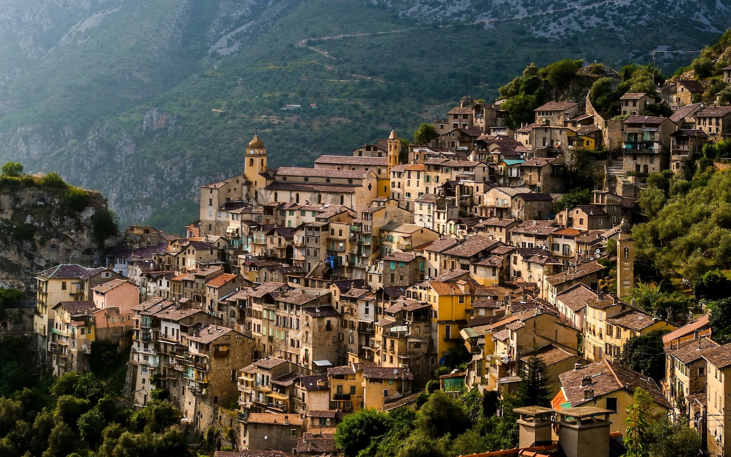 mountain, high angle view, city, day, nature, community, plant, 2K, Italy, crowded, France, cityscape, building exterior, crowd, building, town, outdoors, HD Wallpaper