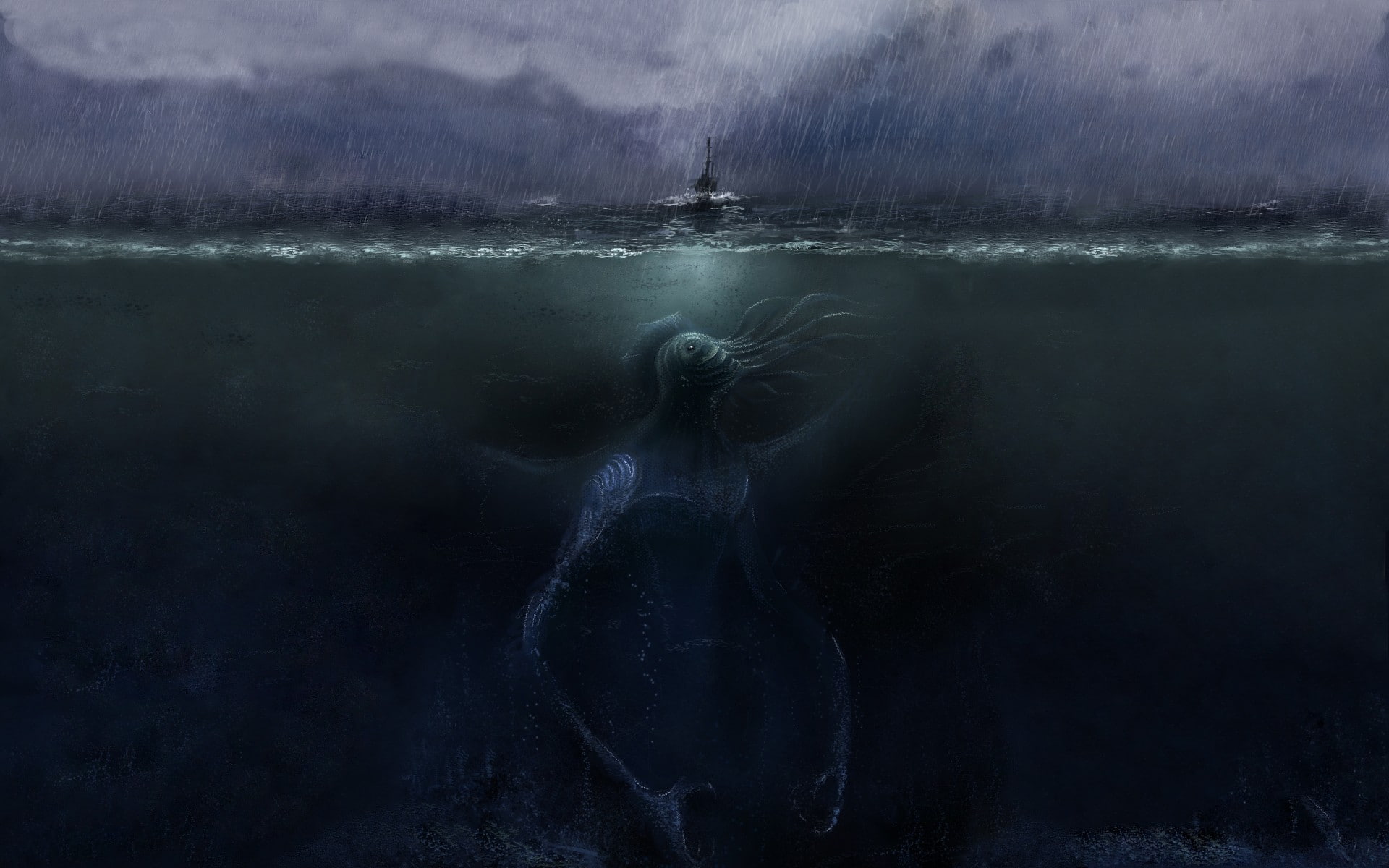 creature, artwork, sea, horror, 1080P, underwater, ship, HD Wallpaper