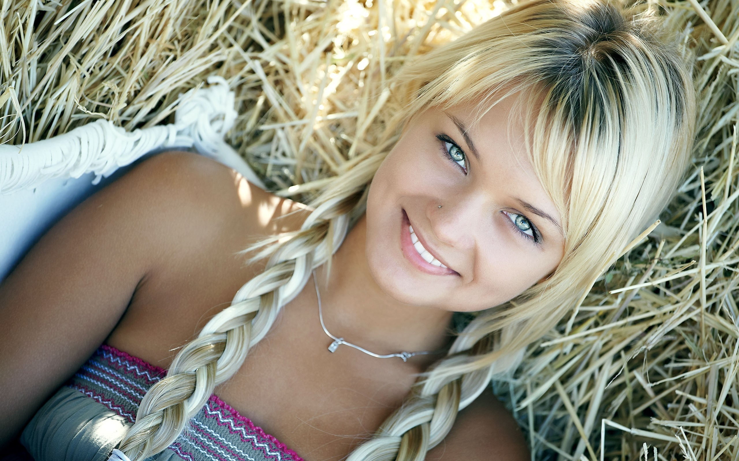 face, 2K, smiling, pierced nose, blonde, women, braids, lada d, HD Wallpaper