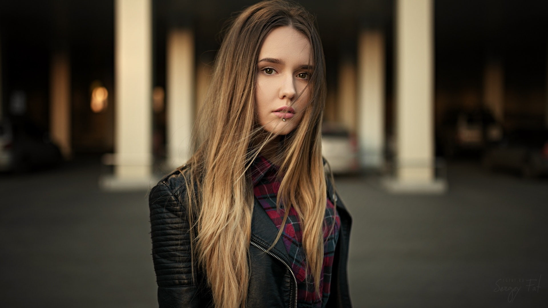 leather jackets, Sergey Fat, teenager, hairstyle, young adult, women, long hair, depth of field, focus on foreground, young women, waist up, brown hair, HD Wallpaper