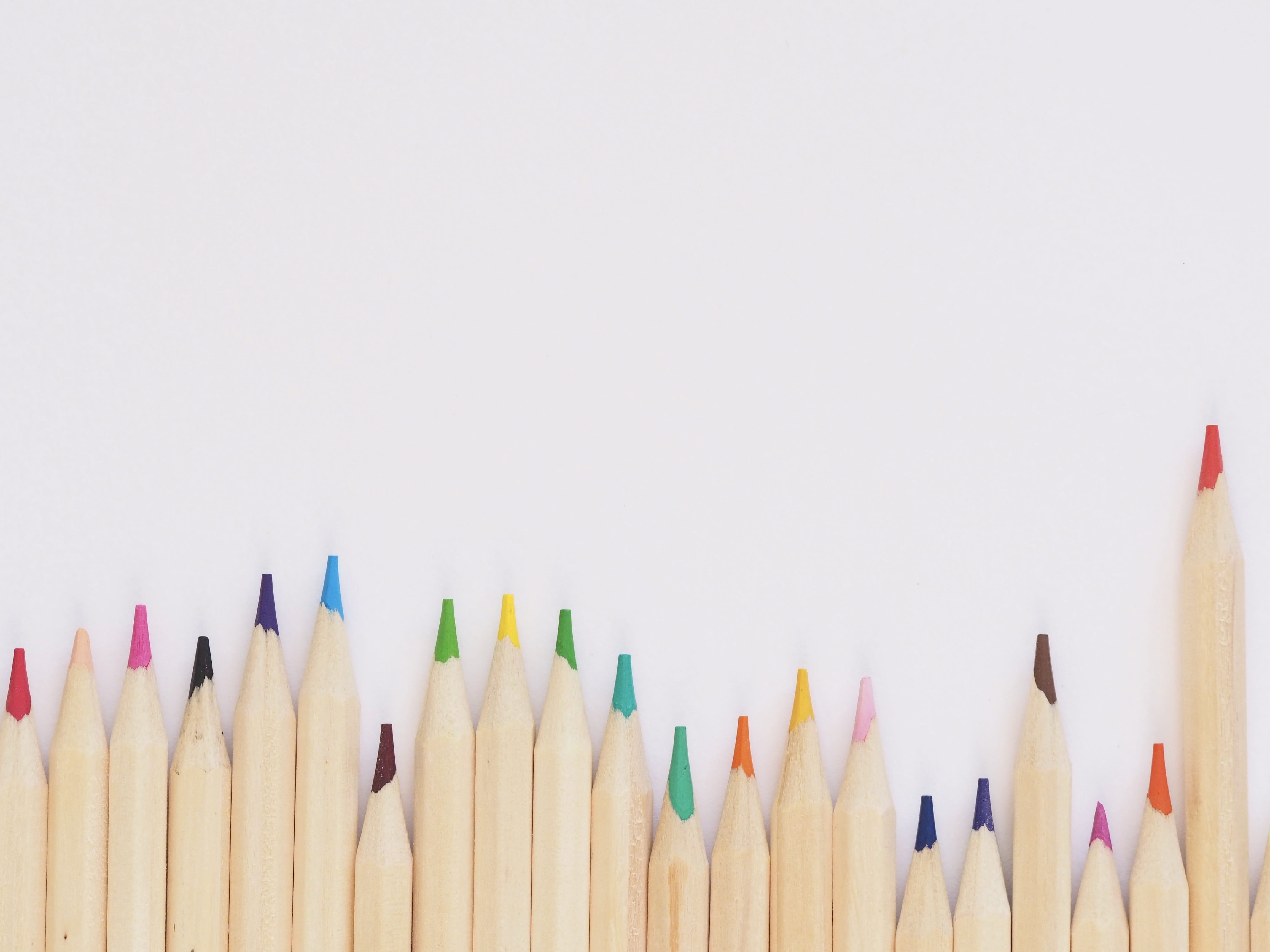 indoors, multi colored, art and craft, pencils, assorted, wood, still life, variation, wood - material, color, white background, work, office, design, colorful background, HD Wallpaper
