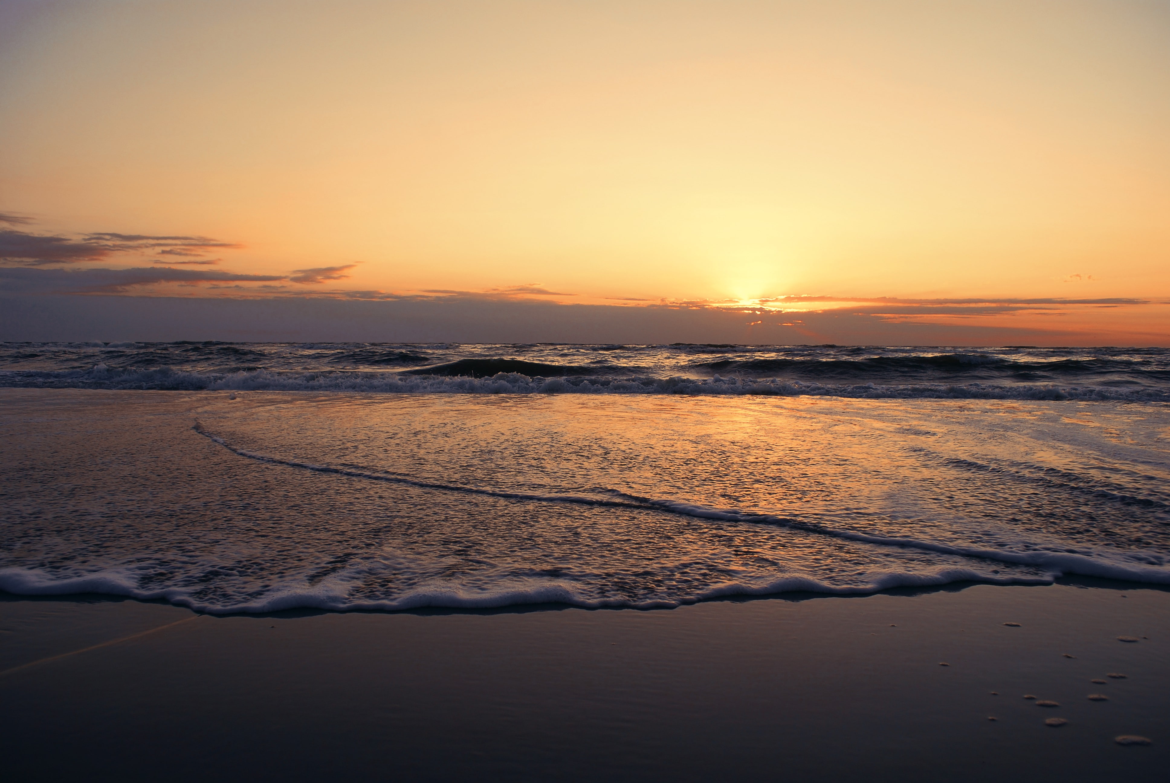beach, shore, sand, Sea, water, sunrise, Sunset, seashore, clouds, 4K, HD Wallpaper
