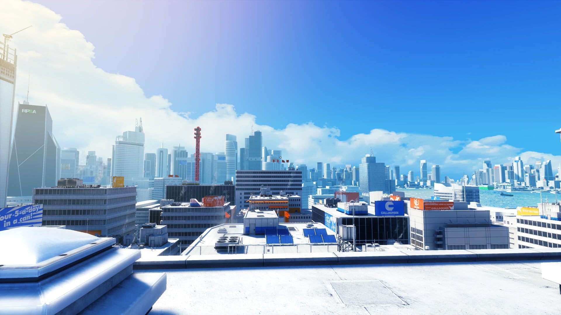 cloud - sky, outdoors, built structure, nature, video games, day, application, digital art, cityscape, 1080P, Mirrors Edge, building exterior, sunlight, HD Wallpaper