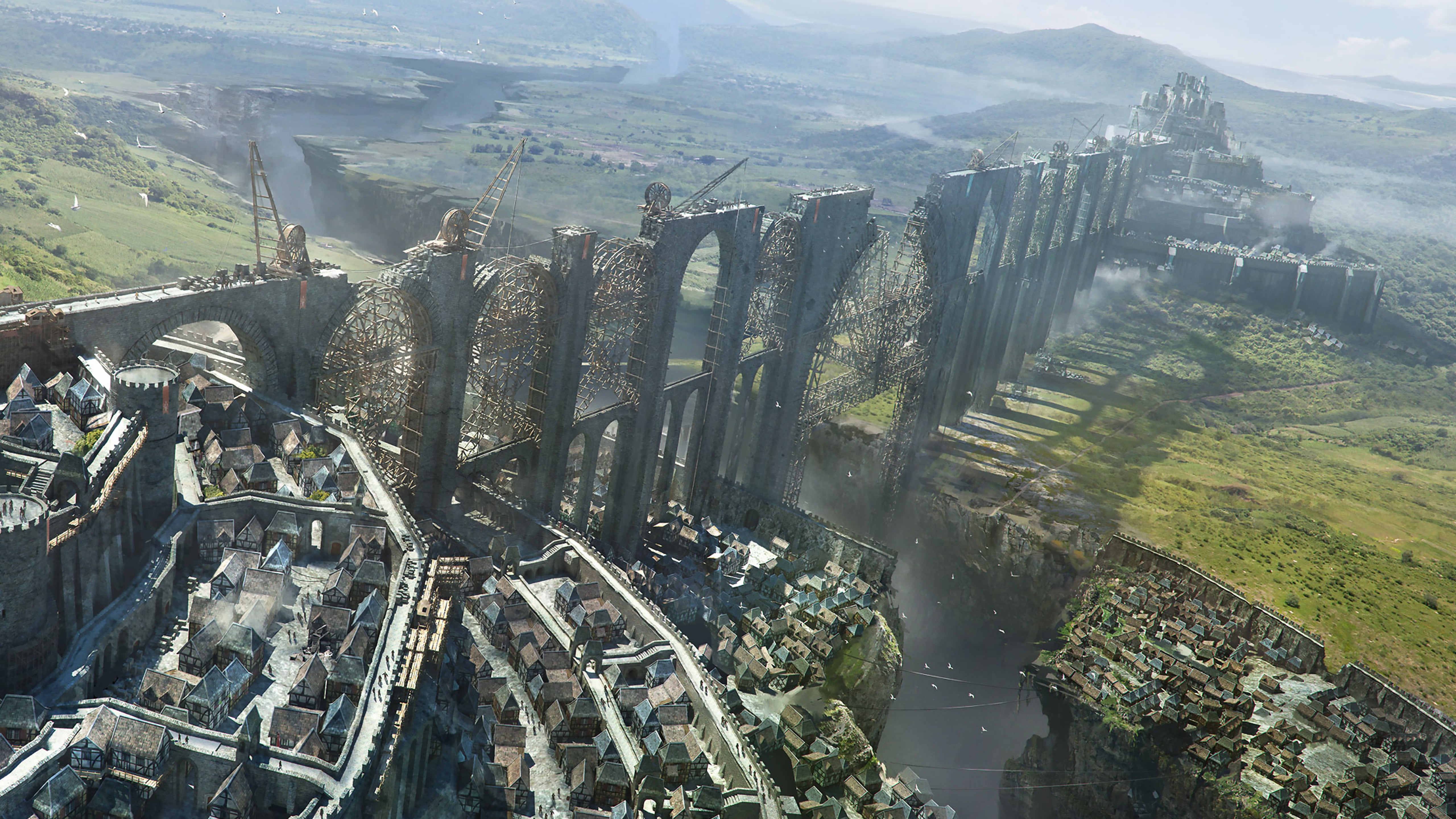 bridge, Kingdom, digital art, fantasy art, city, medieval, construction, stone arch, edge, house, 5K, castle, HD Wallpaper