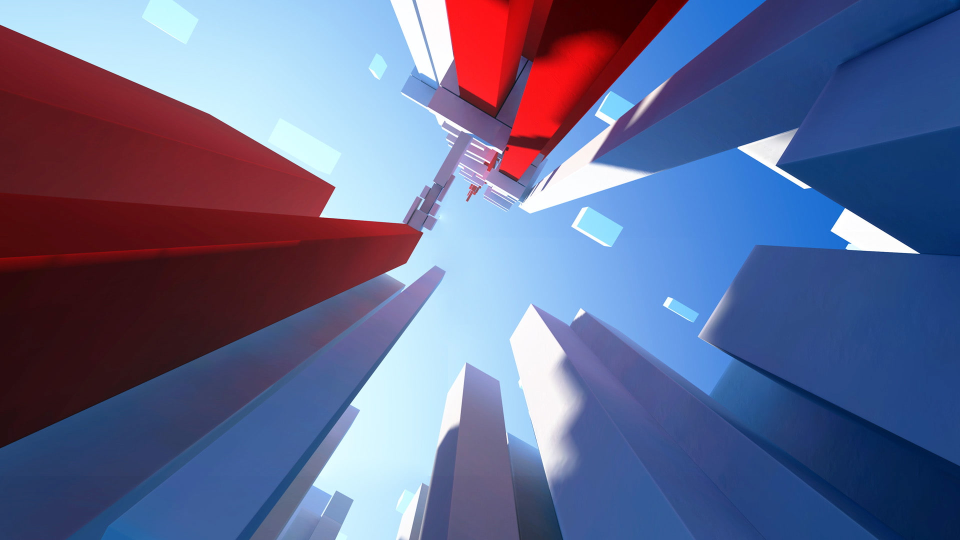 reflection, skyscraper, architecture, building, built structure, nature, day, digital art, low angle view, 3D, Mirrors Edge, abstract, flying, 1080P, red, HD Wallpaper