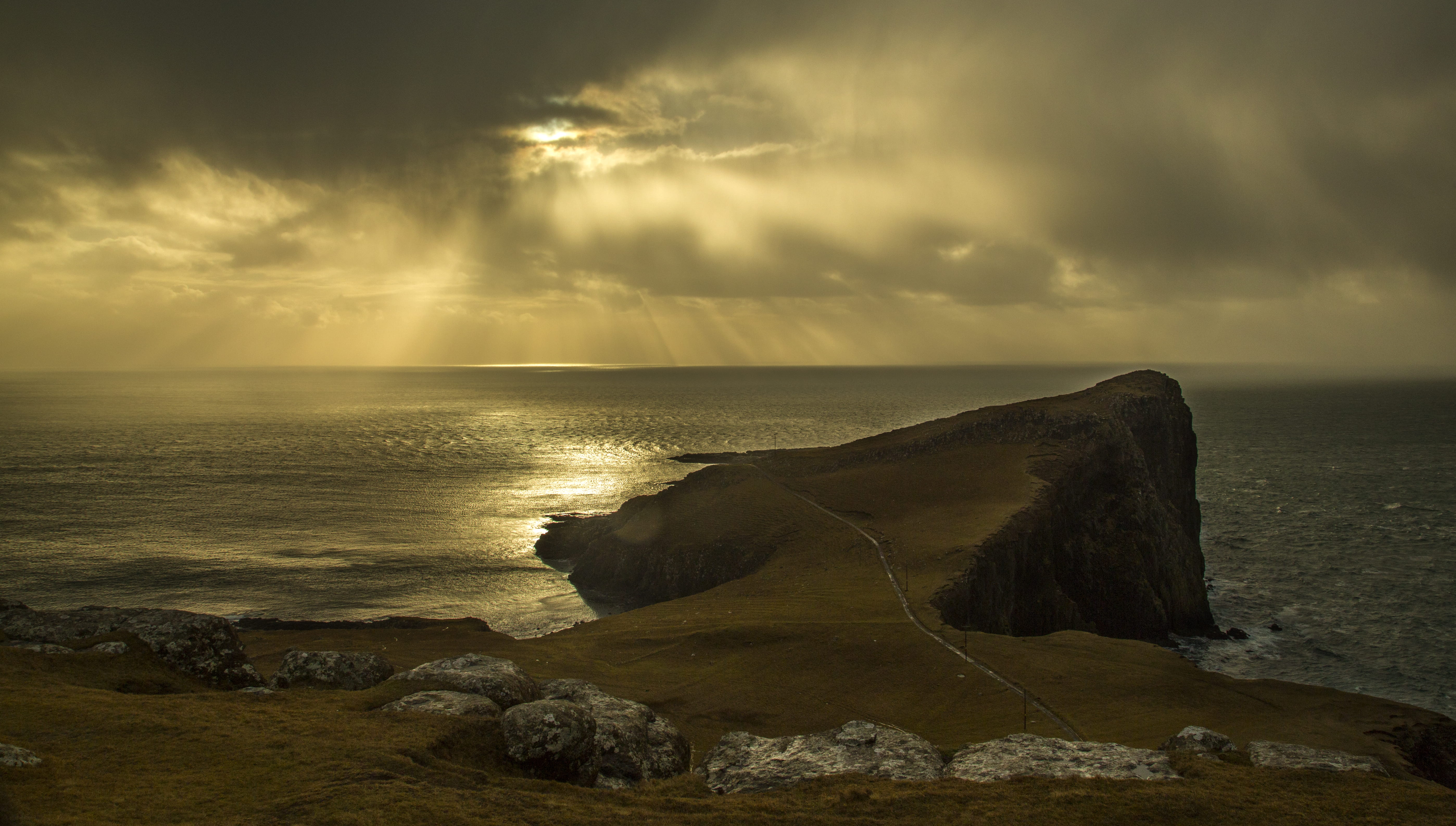 hebrides, united kingdom, cloud - sky, rock, clouds, water, isle of skye, no people, outdoors, tranquil scene, 5K, beach, neist point, nature, rock - object, HD Wallpaper