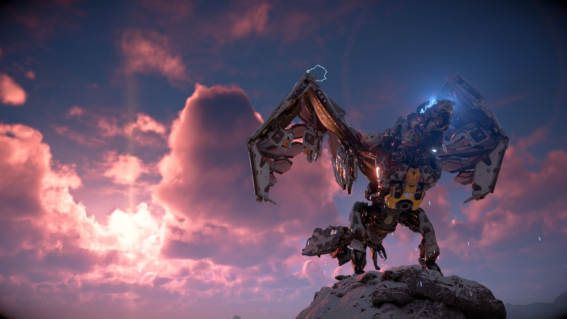 solid, scenics - nature, mountain, Horizon: Zero Dawn, sky, gray, beauty in nature, outdoors, robot, low angle view, Stormbird (Horizon: Zero Dawn), sunset, HD Wallpaper