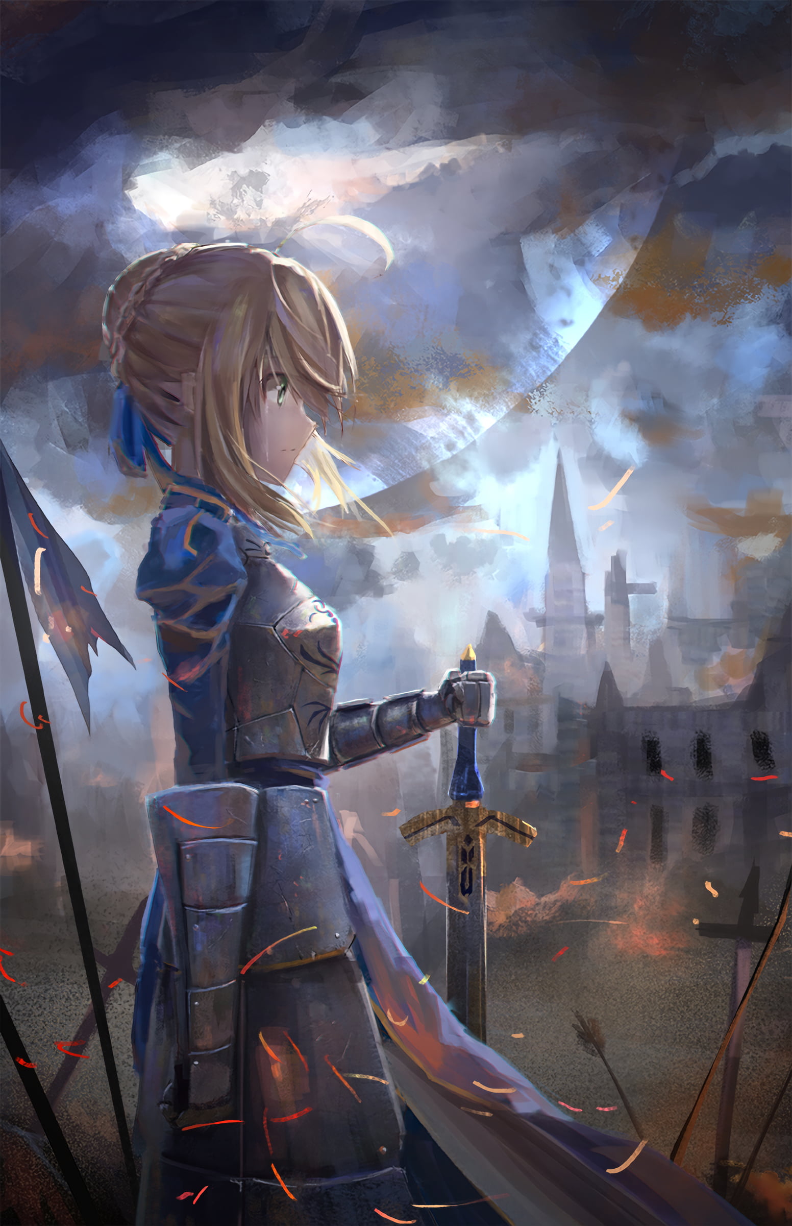 night, sky, cloud - Sky, short hair, one person, blue, festival, anime girls, digital composite, Fate/Zero, imagination, armor, innocence, anime, three quarter length, Phone HD Wallpaper