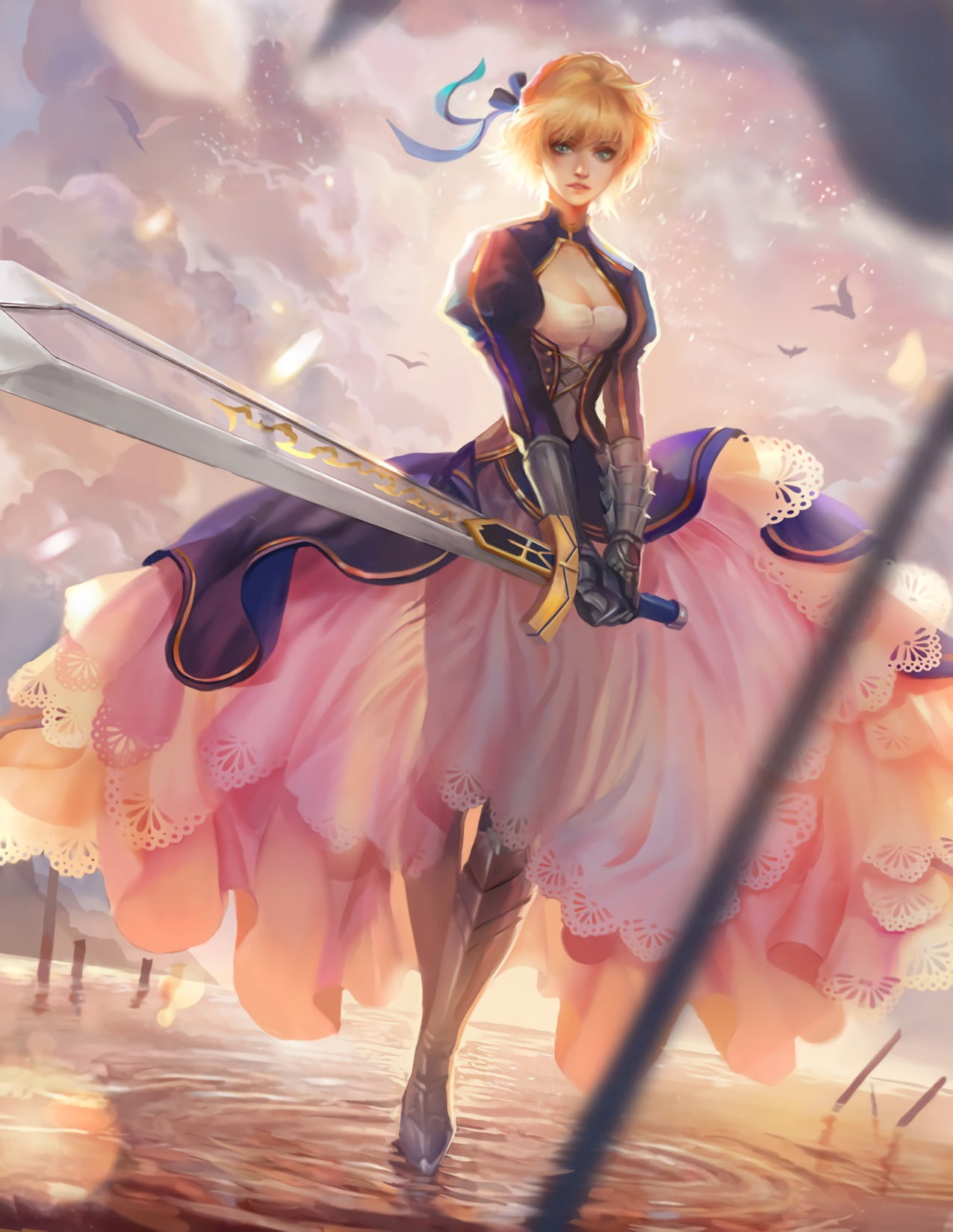 short hair, lifestyles, beautiful woman, sword, armor, females, green eyes, beauty, 720P, young women, adult, open shirt, outdoors, front view, Phone HD Wallpaper