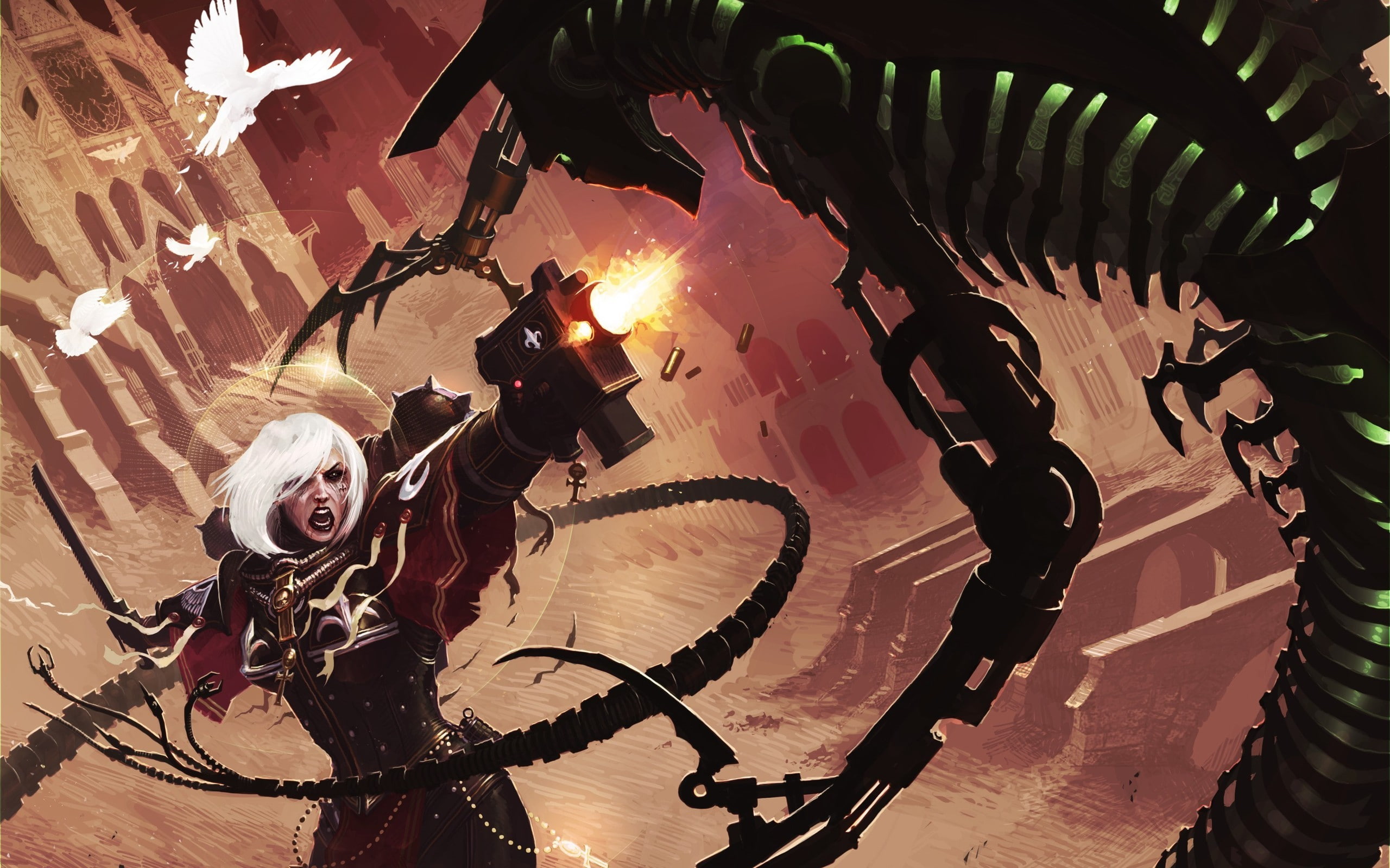 000, creatures, battle, birds, artwork, women, warhammer, monsters, 2K, action, sisters, necrons, hair, guns, white, HD Wallpaper