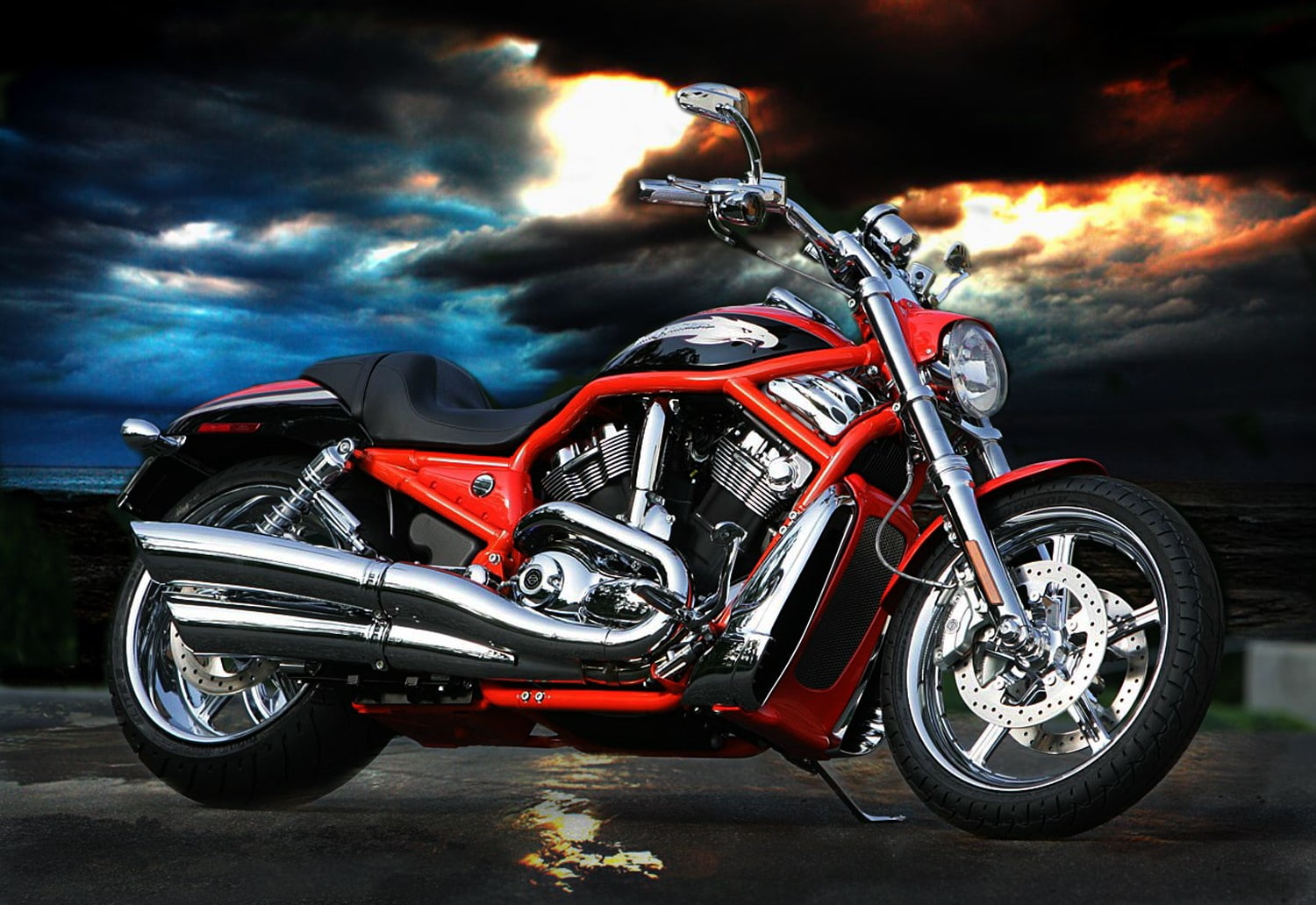 red, car, Harley Davidson, land vehicle, outdoors, retro styled, chrome, speed, cloud - sky, motor vehicle, travel, night, VRSC, nature, transportation, HD Wallpaper