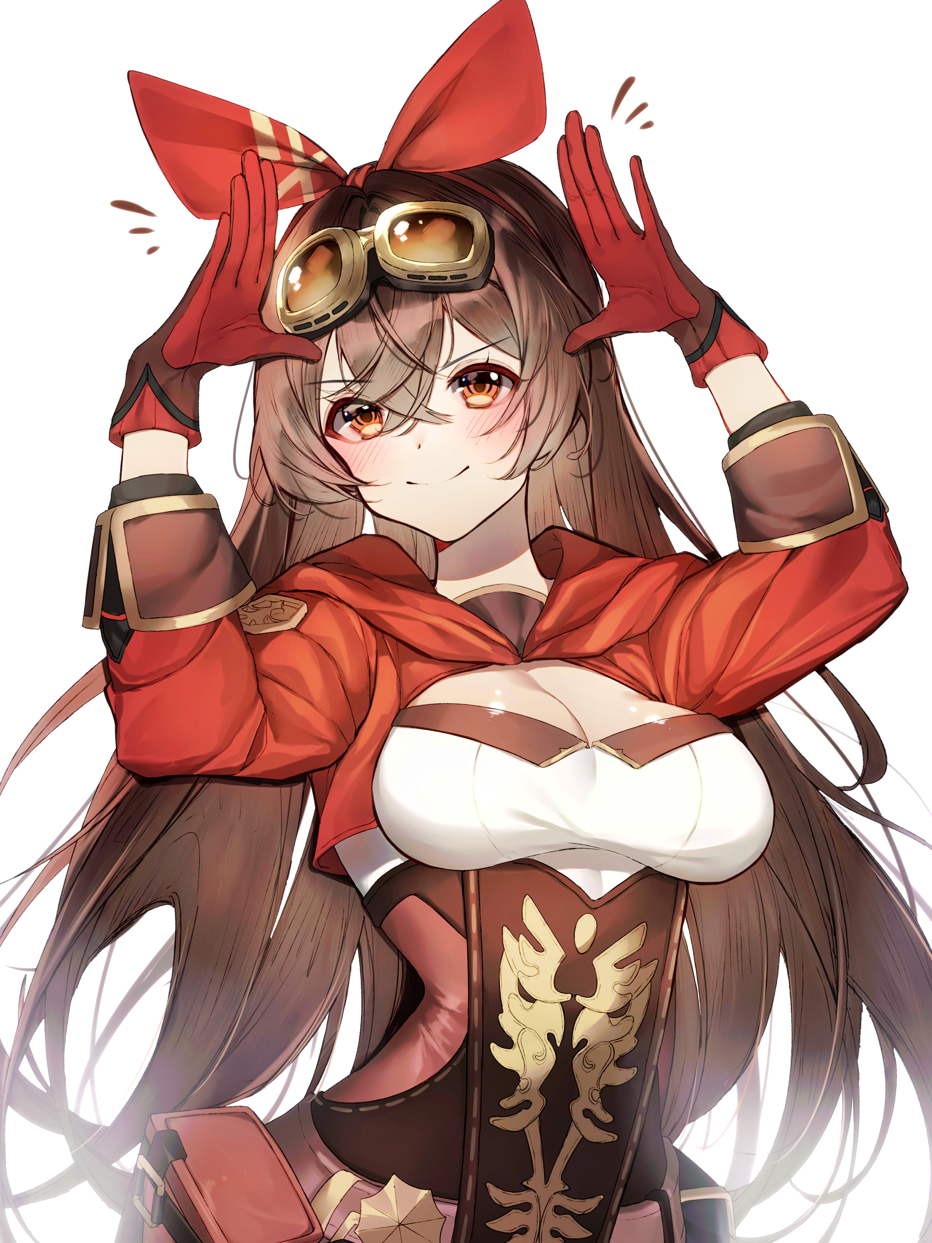 blushing, Genshin Impact, looking at viewer, bangs, anime girls, anime, thighs, white background, Amber (Genshin Impact), long hair, video game art, 4K, Phone HD Wallpaper