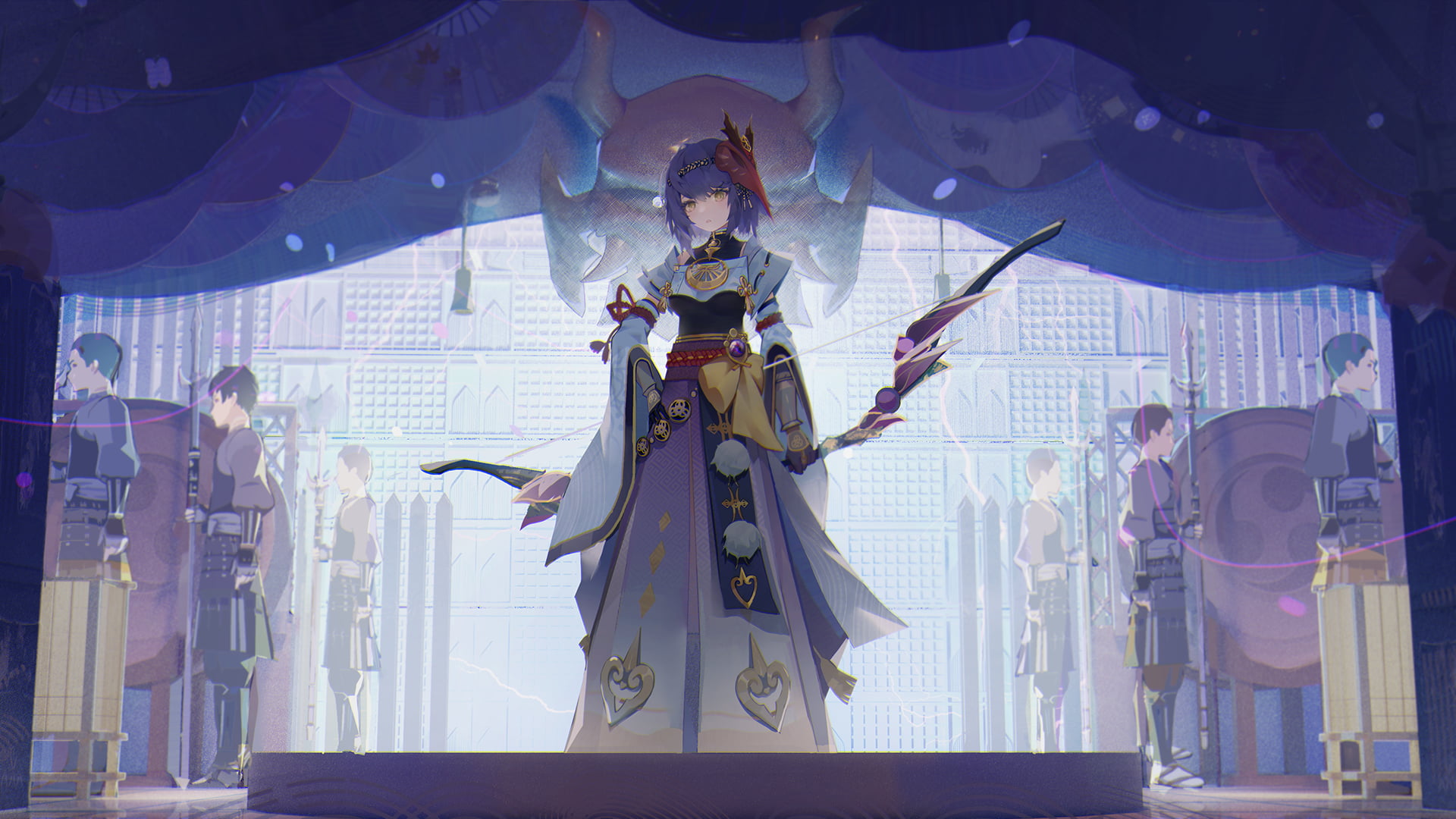 1080P, weapon, mask, anime girls, video games, Genshin Impact, bow, Sara Kujou, dress, HD Wallpaper