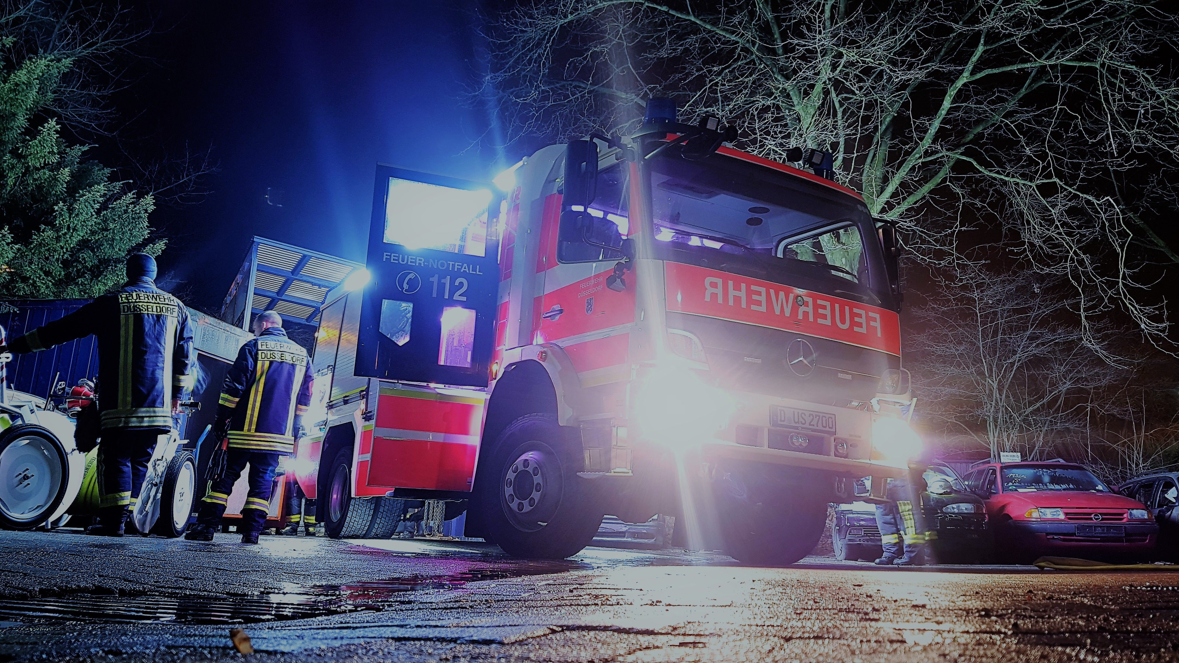 transportation, city, truck, 4K, communication, firetruck, engine, motor vehicle, vehicle, land vehicle, car, street, night, illuminated, fire, semi, urgency, HD Wallpaper