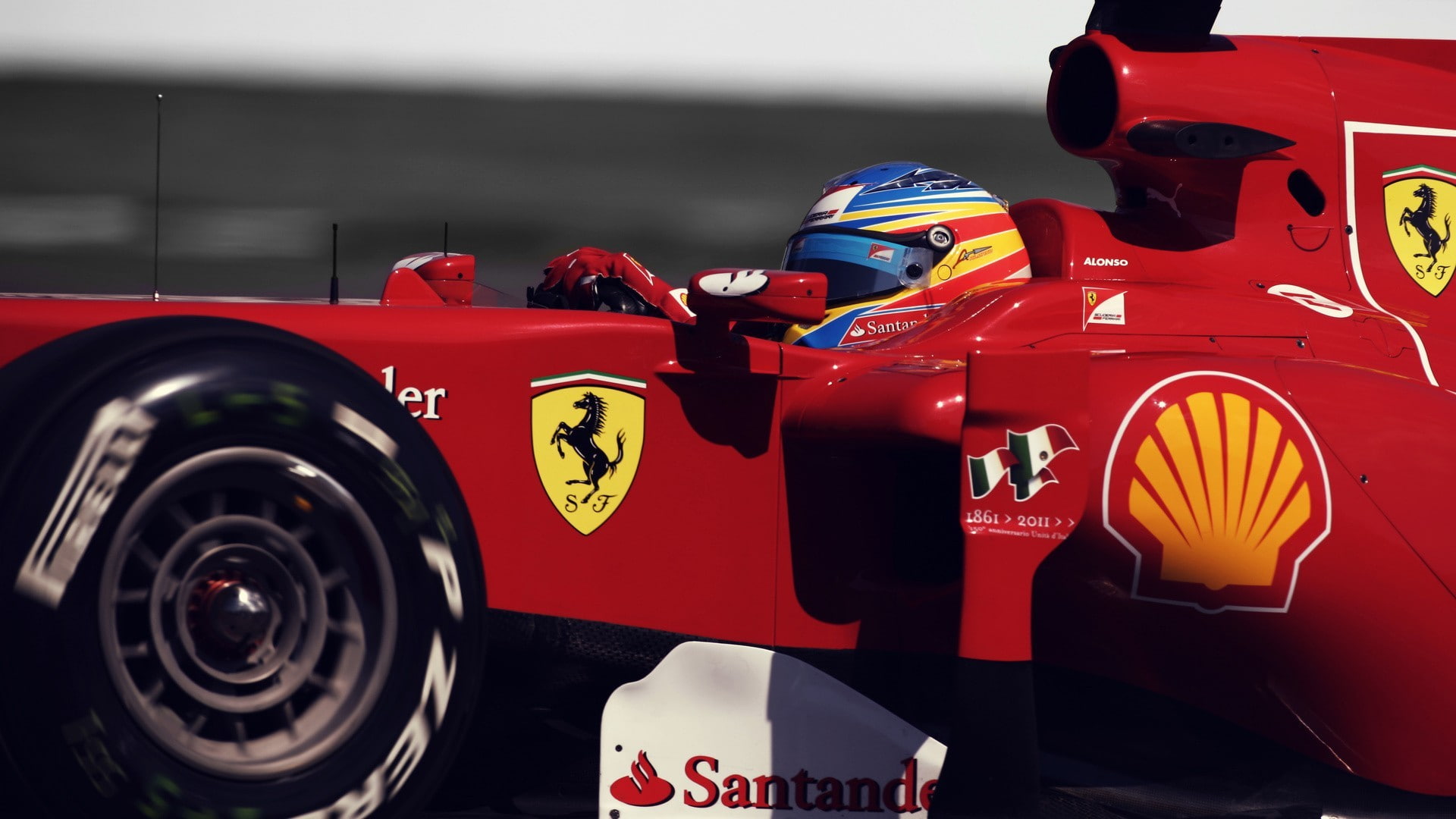 number, wheel, safety, motor racing track, headwear, red, 1080P, auto racing, fire engine, day, outdoors, Formula 1, crash helmet, sport, Scuderia Ferrari, HD Wallpaper