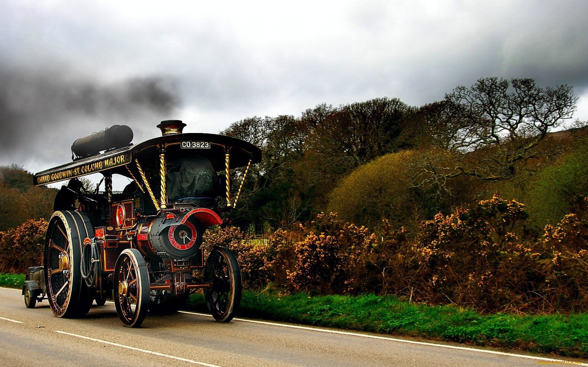 no people, land vehicle, road, outdoors, mode of transportation, cloud - sky, fire engine, sky, nature, vintage, land, vehicle, smoke, black, truck, tree, HD Wallpaper