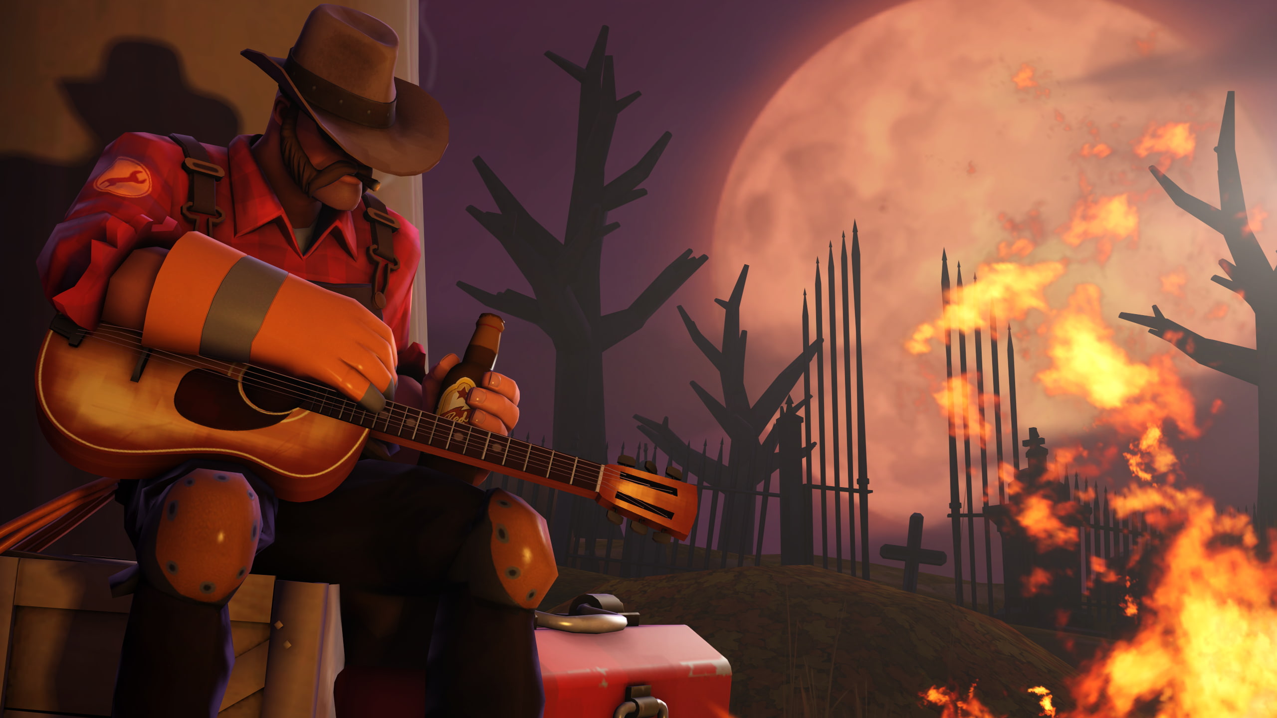 arts culture and entertainment, artwok, event, fire, graveyard, Games, orange color, guitar, artist, 2K, performance, night, string instrument, sky, nature, HD Wallpaper
