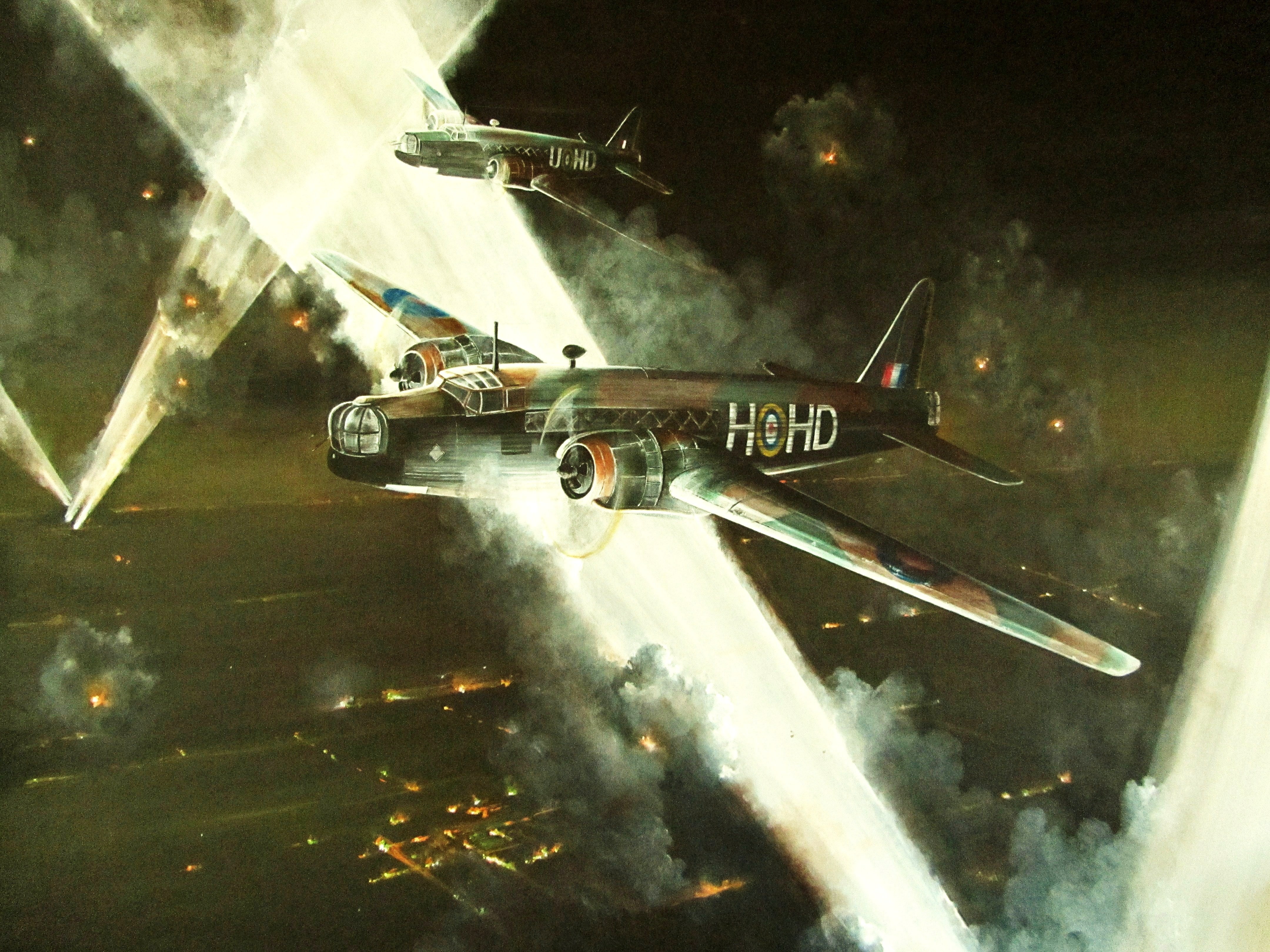 4K, Vickers «Wellington», night, WW2, art, smoke, twin-engine, the beams from the spotlights, bombers, British, fire, earth, fires, the bombing, figure, HD Wallpaper