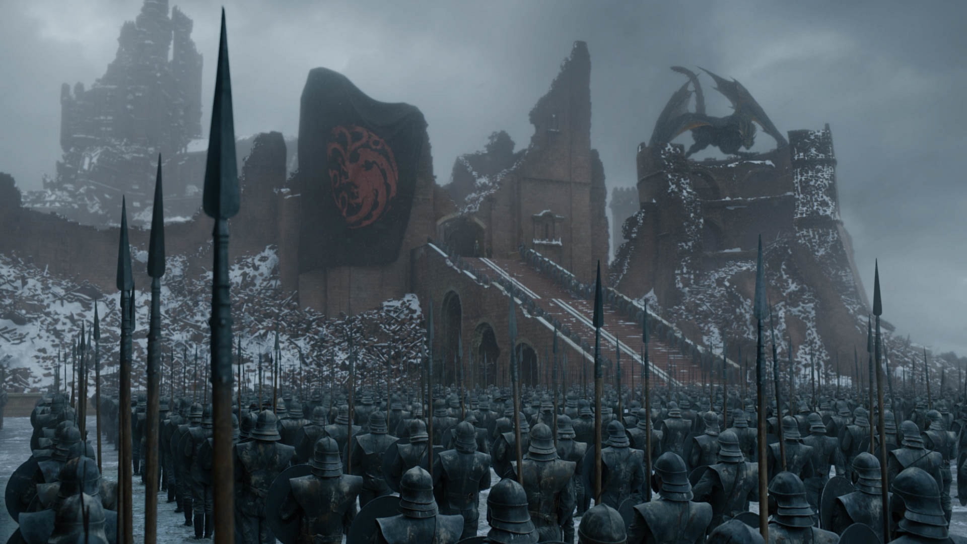 House Targaryen, Game of Thrones, 1080P, army, dragon, spear, snow, HD Wallpaper