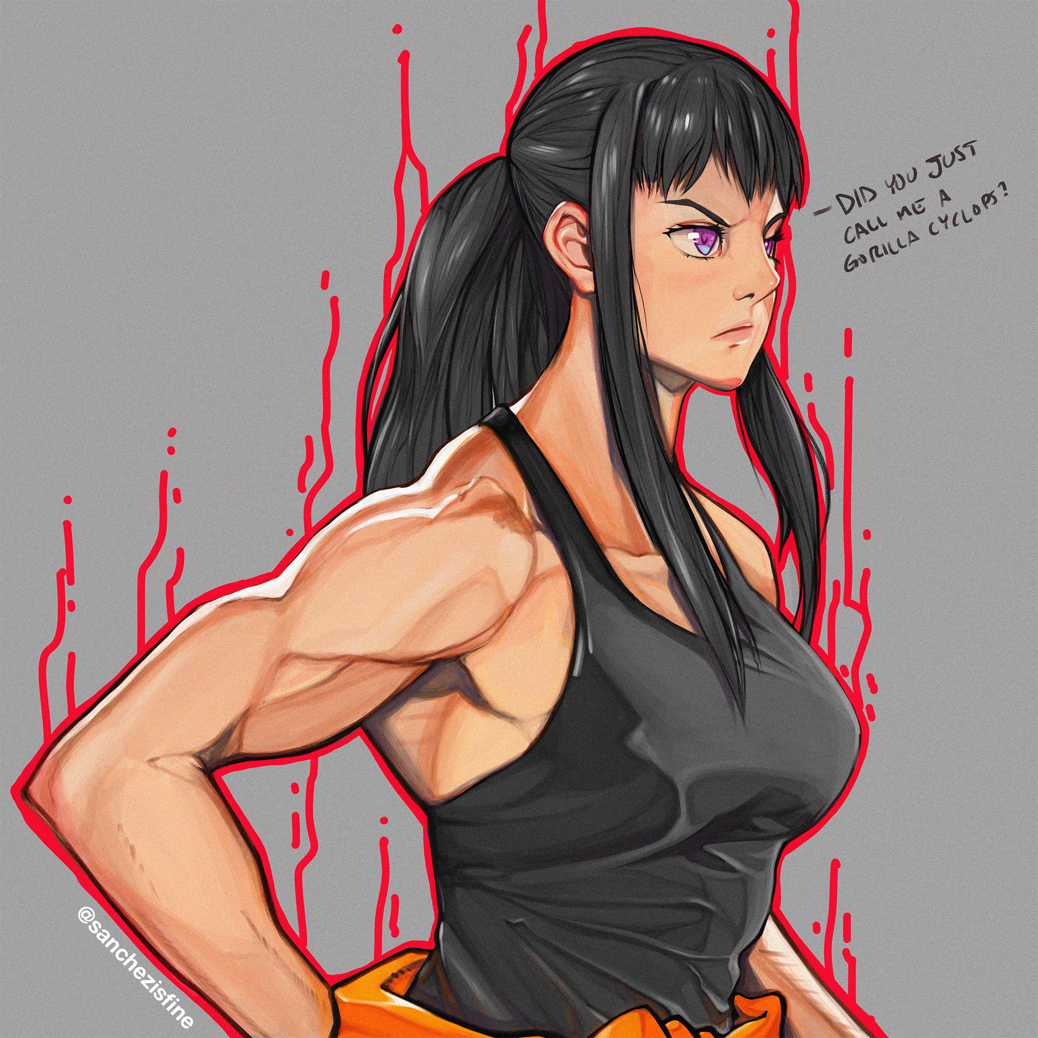Firefighters, black hair, abs, muscular, simple background, female soldier, muscles, frown, ponytail, anime, tank top, big boobs, black shirt, armpits, Phone HD Wallpaper