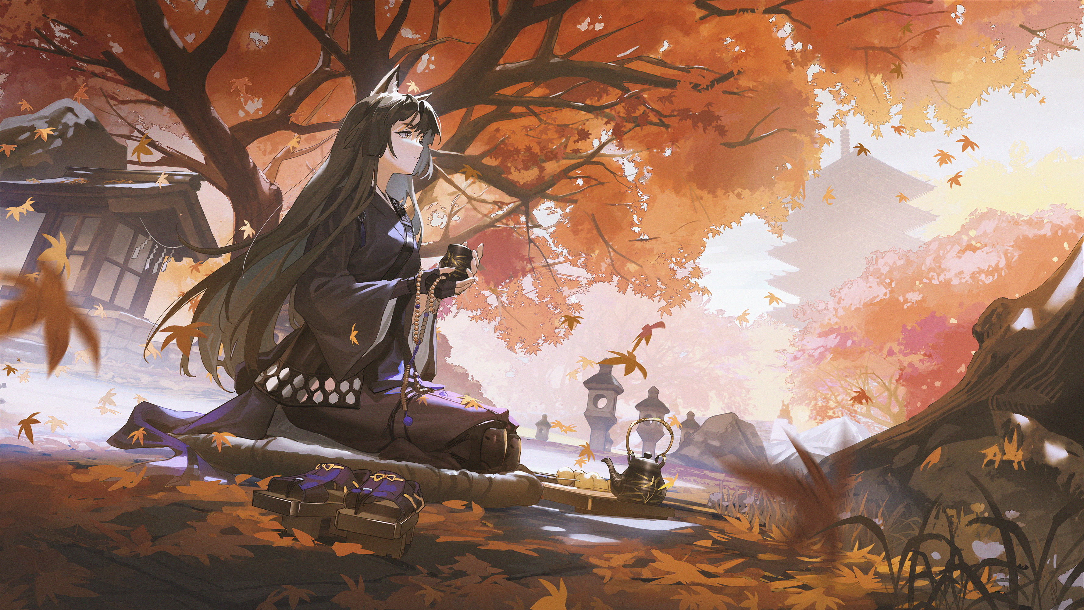 Saga (Arknights), 2K, sitting, anime girls, dark hair, anime, kirino ttk, long hair, Arknights, bangs, HD Wallpaper