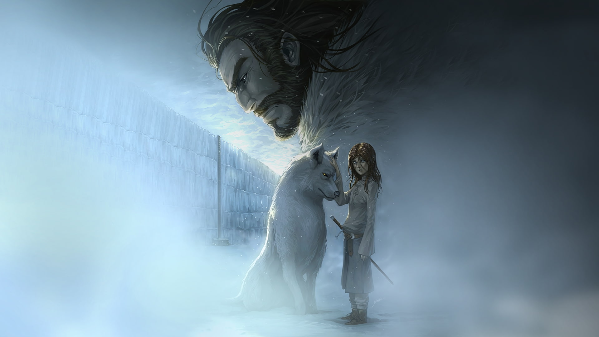 Ned Stark, The Wall, 1080P, wolf, Arya Stark, direwolves, Game of Thrones, artwork, HD Wallpaper