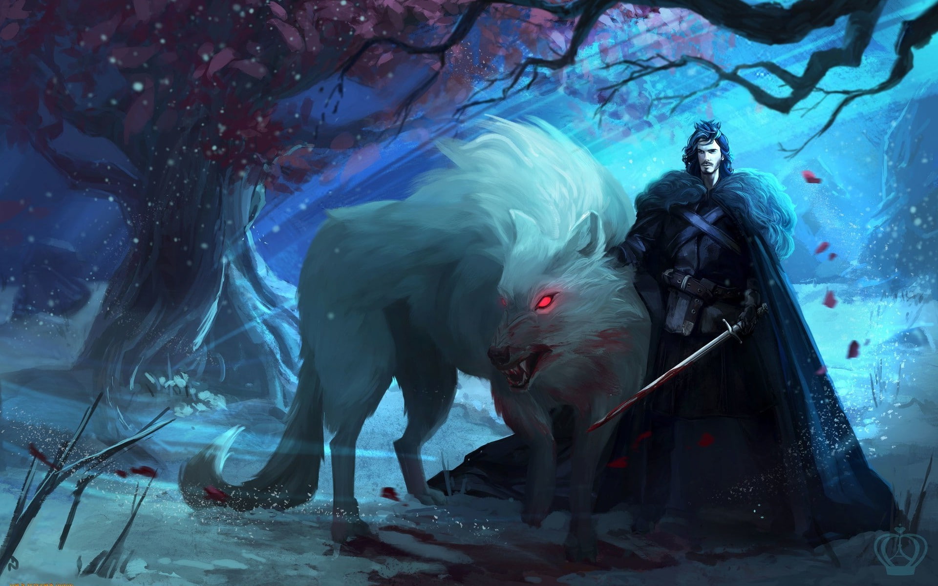 one person, Concept Art, Game Of Thrones, mammal, underwater, Direwolf, wolf, vertebrate, outdoors, group of animals, animals in the wild, sword, artwork, HD Wallpaper