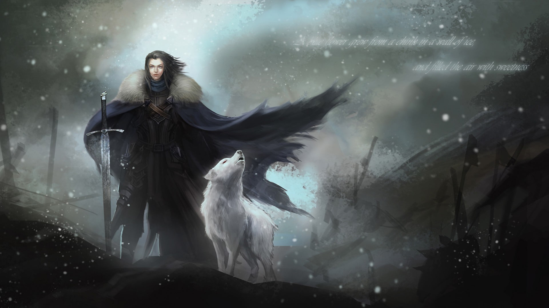 Game Of Thrones, sword, snow, artwork, 1080P, Direwolves, quote, HD Wallpaper