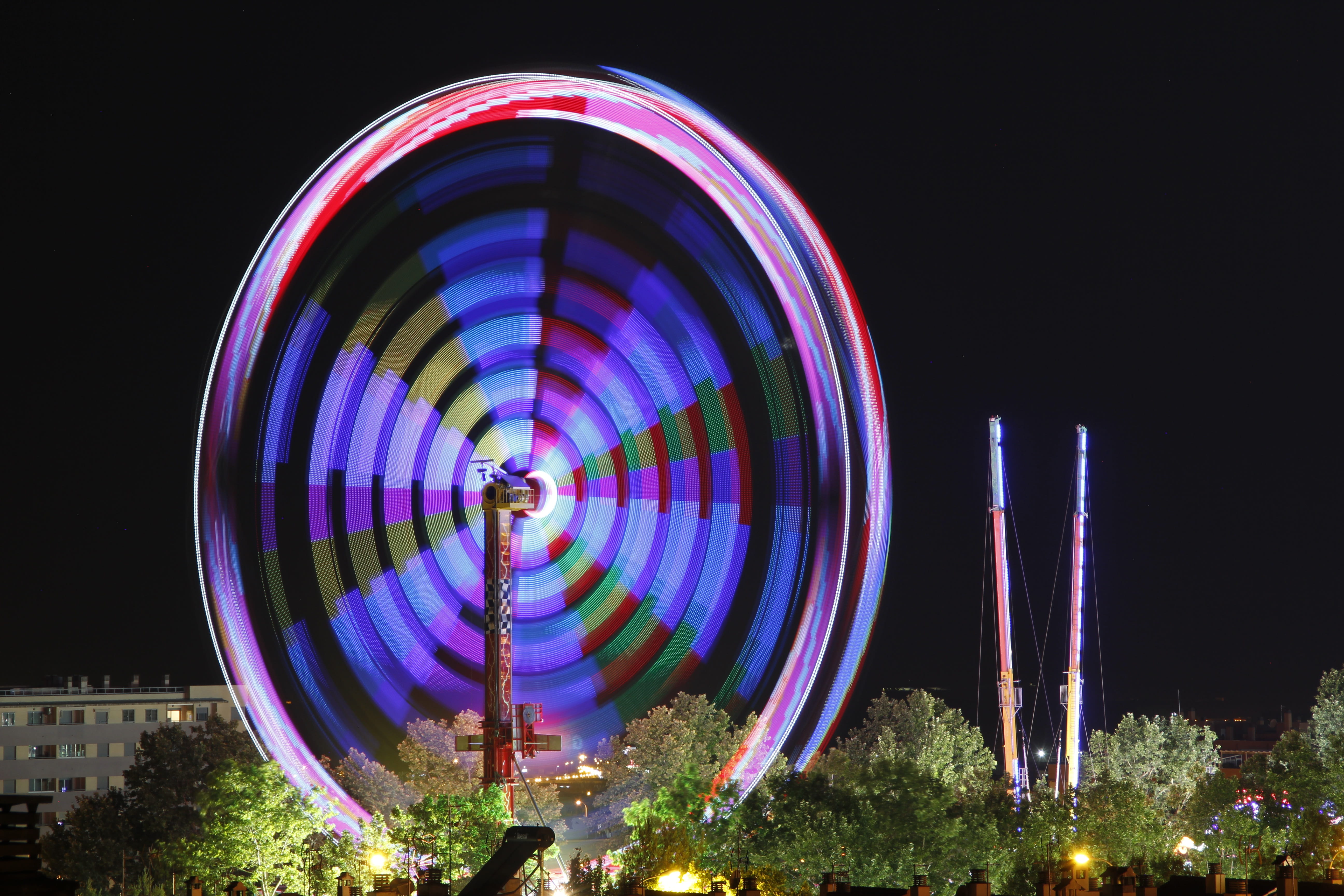 multi colored, have a good time, corpus, colorful, night, amusement park ride, city, no people, booster, purple, illuminated, shape, attraction, spinning, HD Wallpaper