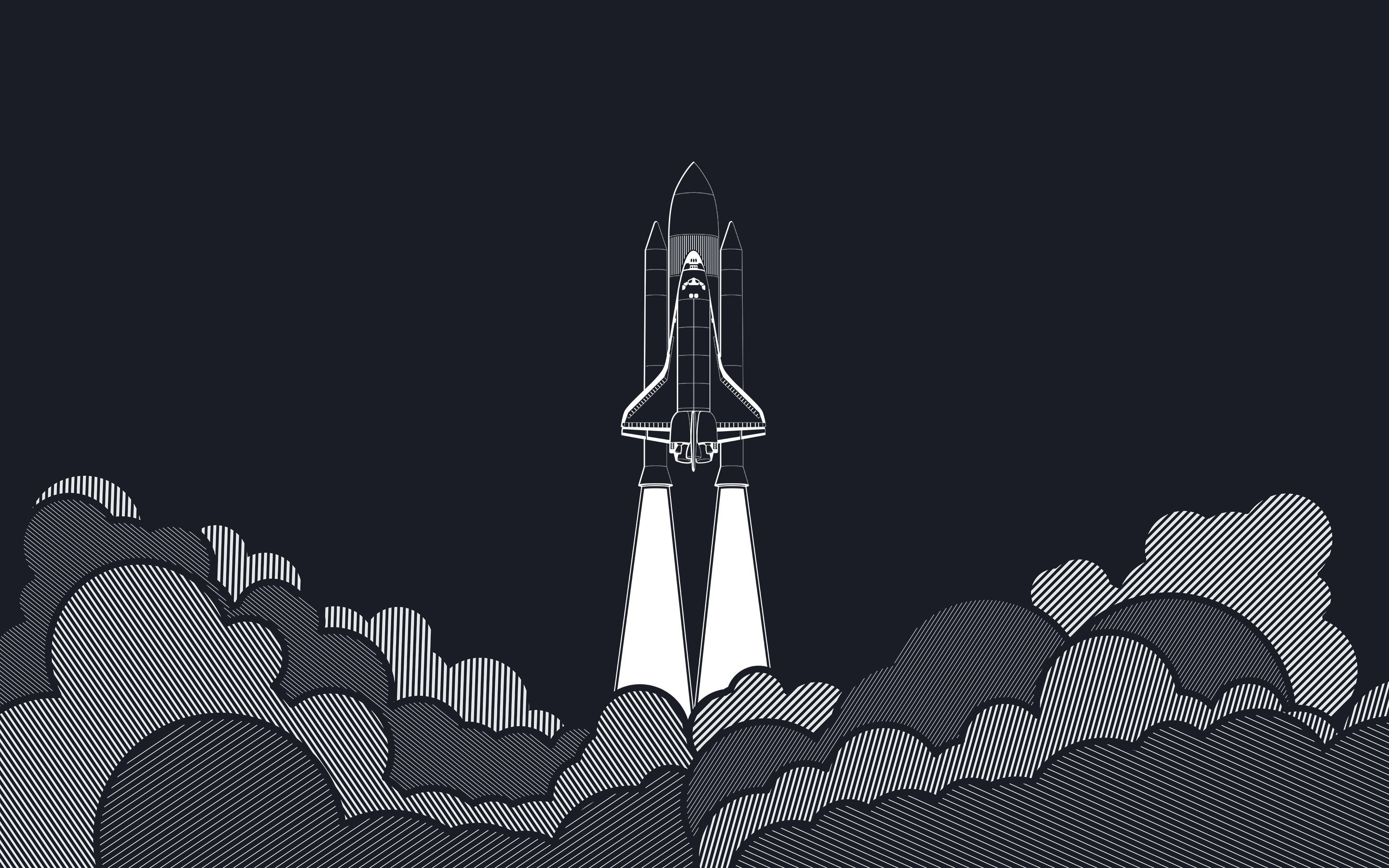 minimalism, spaceship, digital art, Flying, rockets, challenger, smoke, 2K, Gray Background, aircraft, white, HD Wallpaper
