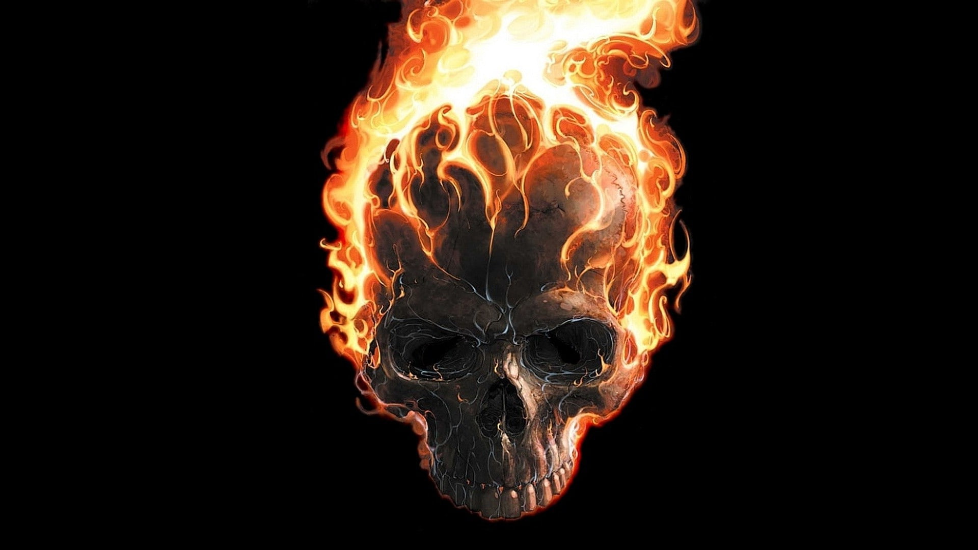 digital art, comics, black background, minimalism, teeth, 1080P, fire, Ghost Rider, Marvel Comics, Movie Poster, Burning, skull, HD Wallpaper