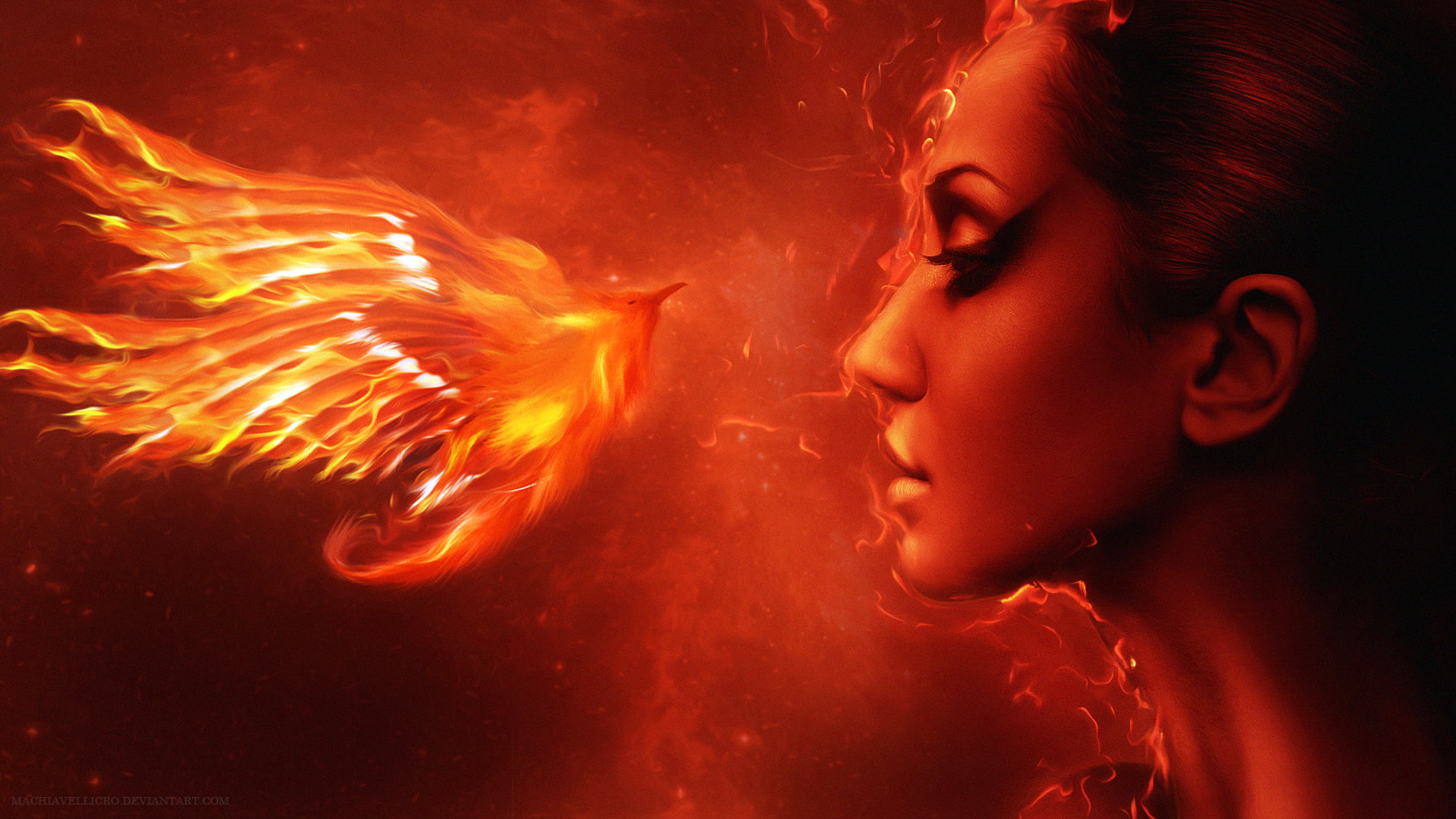 graphics, phoenix, woman, 1080P, red, hd, face, fantasy, bird, flaming, HD Wallpaper