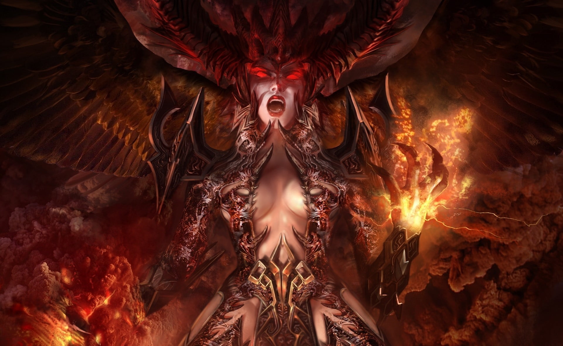 full frame, textile, demon, pattern, evil, representation, human representation, floral, backgrounds, nature, creativity, indoors, fire, brown, fantasy art, HD Wallpaper
