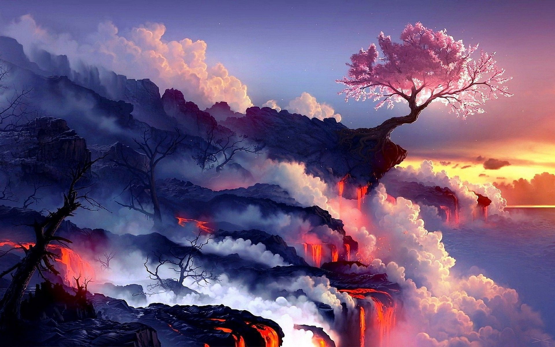 nature, lava, 1080P, trees, fantasy art, artwork, HD Wallpaper