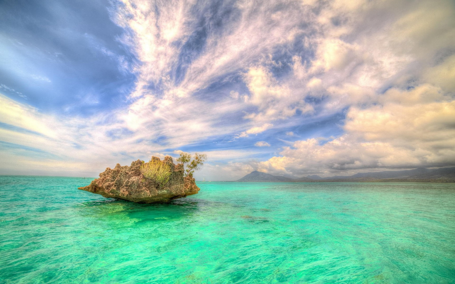 1080P, landscape, island, mauritius, sea, water, nature, rock, tropical, turquoise, summer, africa, clouds, HD Wallpaper