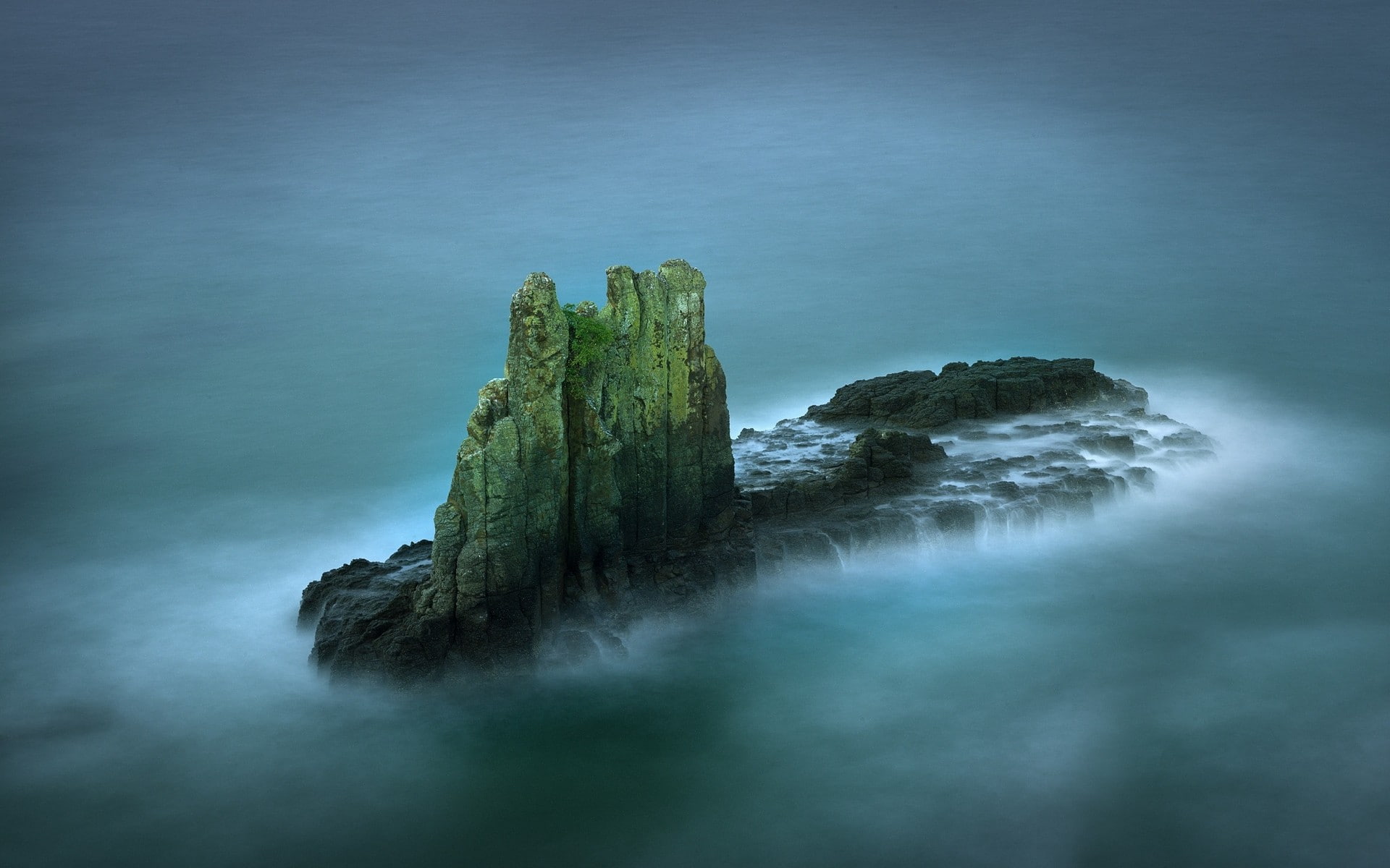 1080P, mist, landscape, sea, long, rock, exposure, island, rock formation, blue, long exposure, water, nature, formation, HD Wallpaper