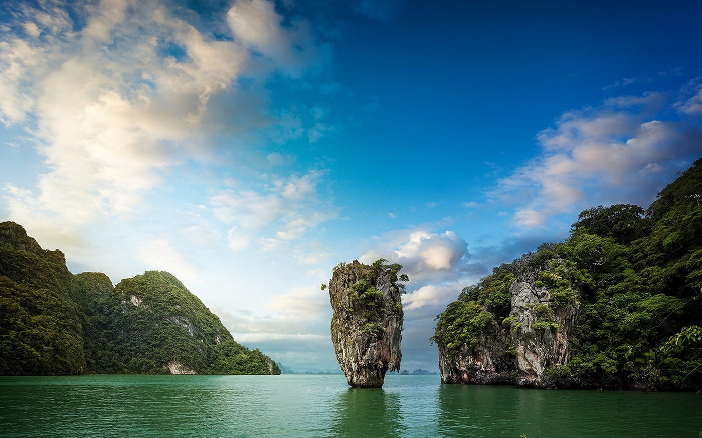 trees, sea, limestone, tropical, nature, rock, shrubs, 720P, thailand, island, landscape, clouds, bay, HD Wallpaper