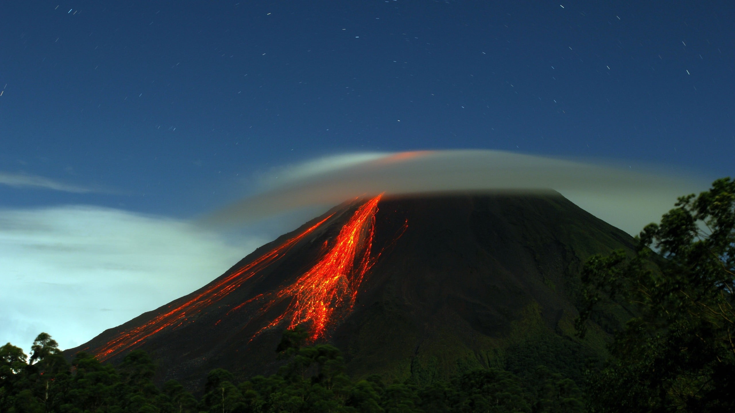 lava, night, eruption, clouds, physical geography, idyllic, tranquil scene, 2K, volcanic crater, trees, no people, long exposure, active volcano, scenics - nature, HD Wallpaper