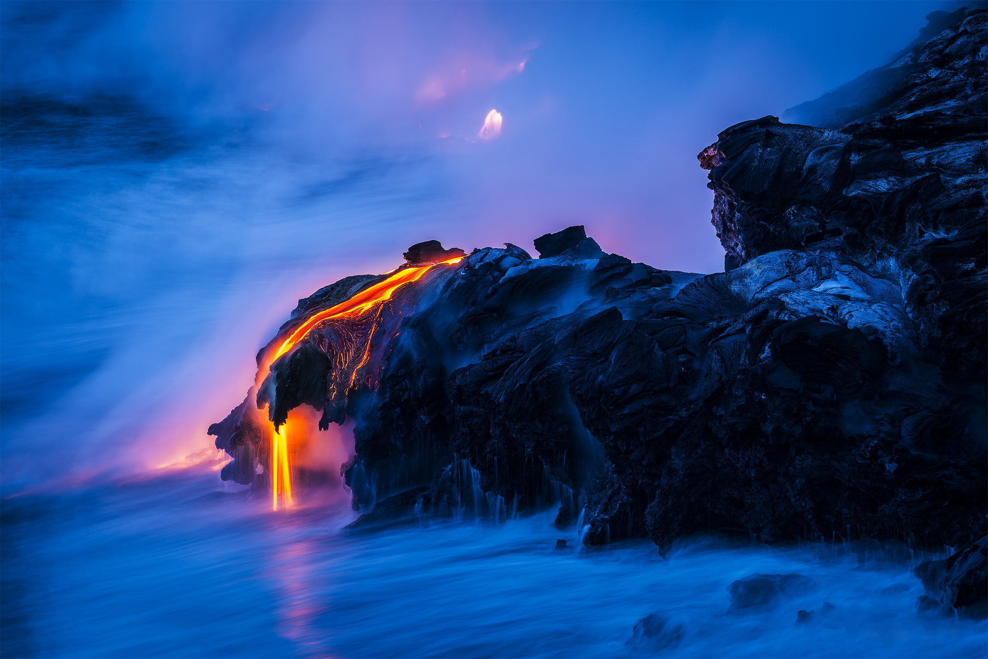 nature, sea, magma, water, 1080P, lava, excerpt, rocks, HD Wallpaper