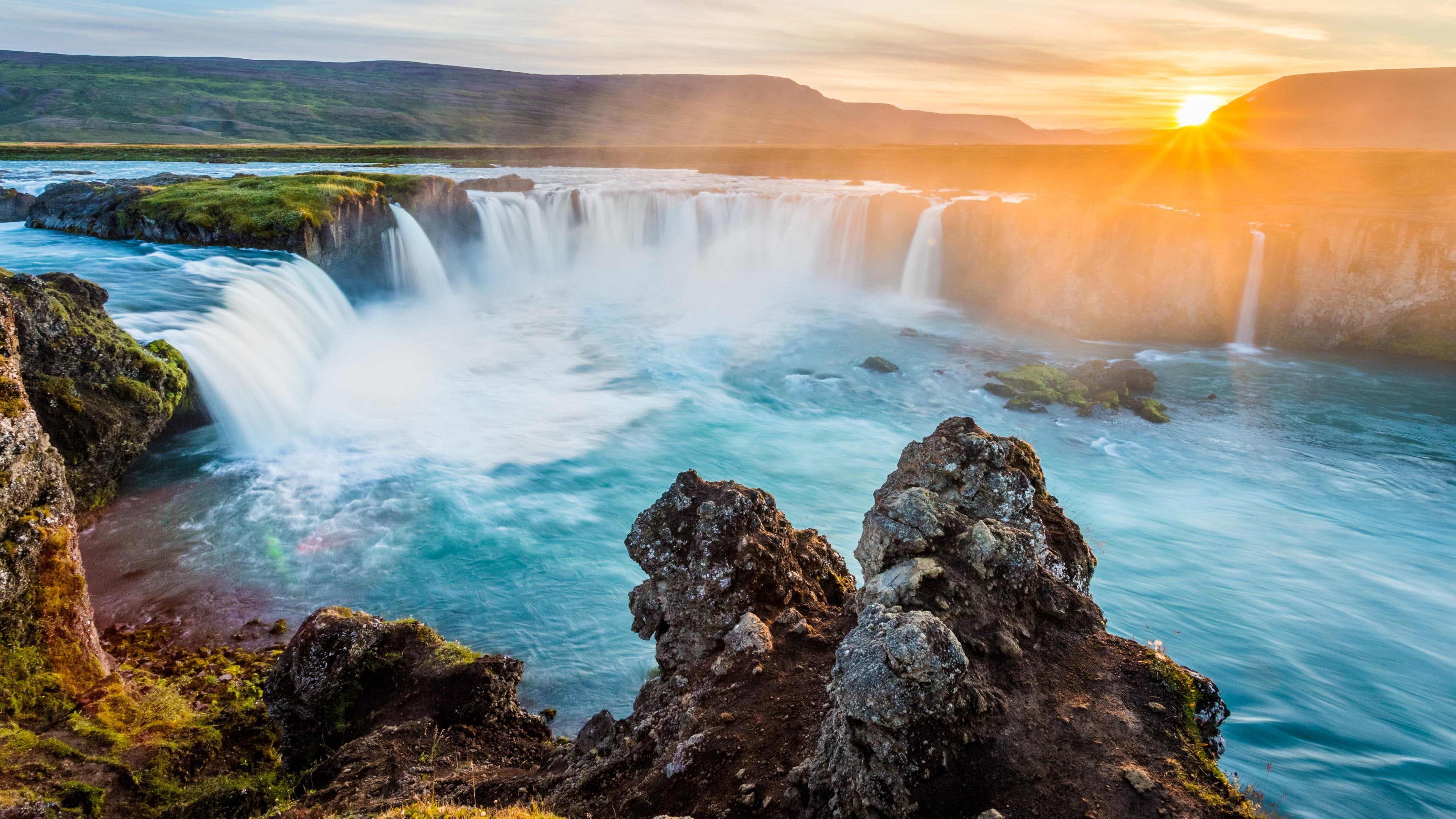 coast, waterfall, formation, reykjavik, sky, 4K, travel, water, landscape, godafoss, iceland, body of water, cliff, rock, nature, HD Wallpaper